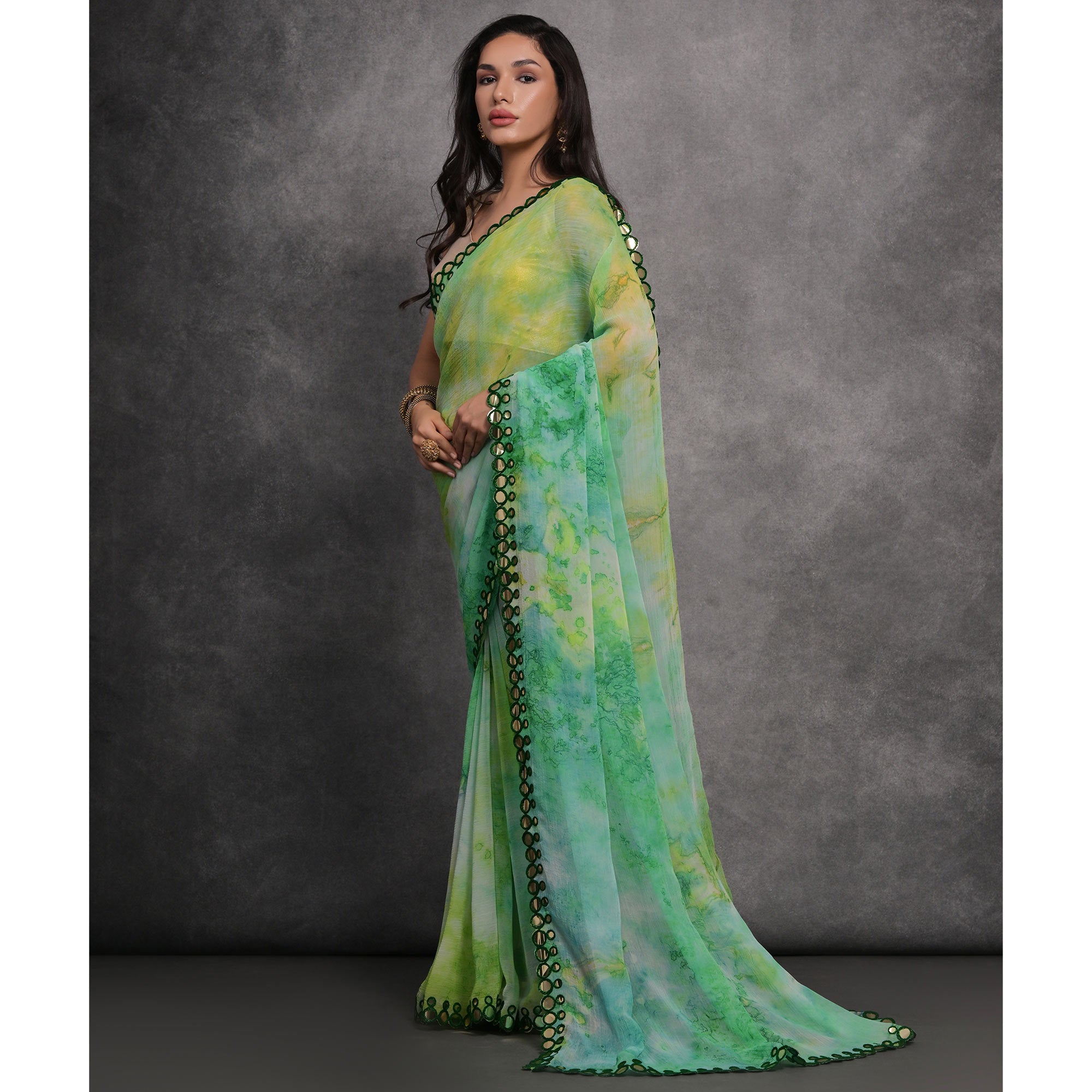 Multicolor Printed With Mirror Work Georgette Saree