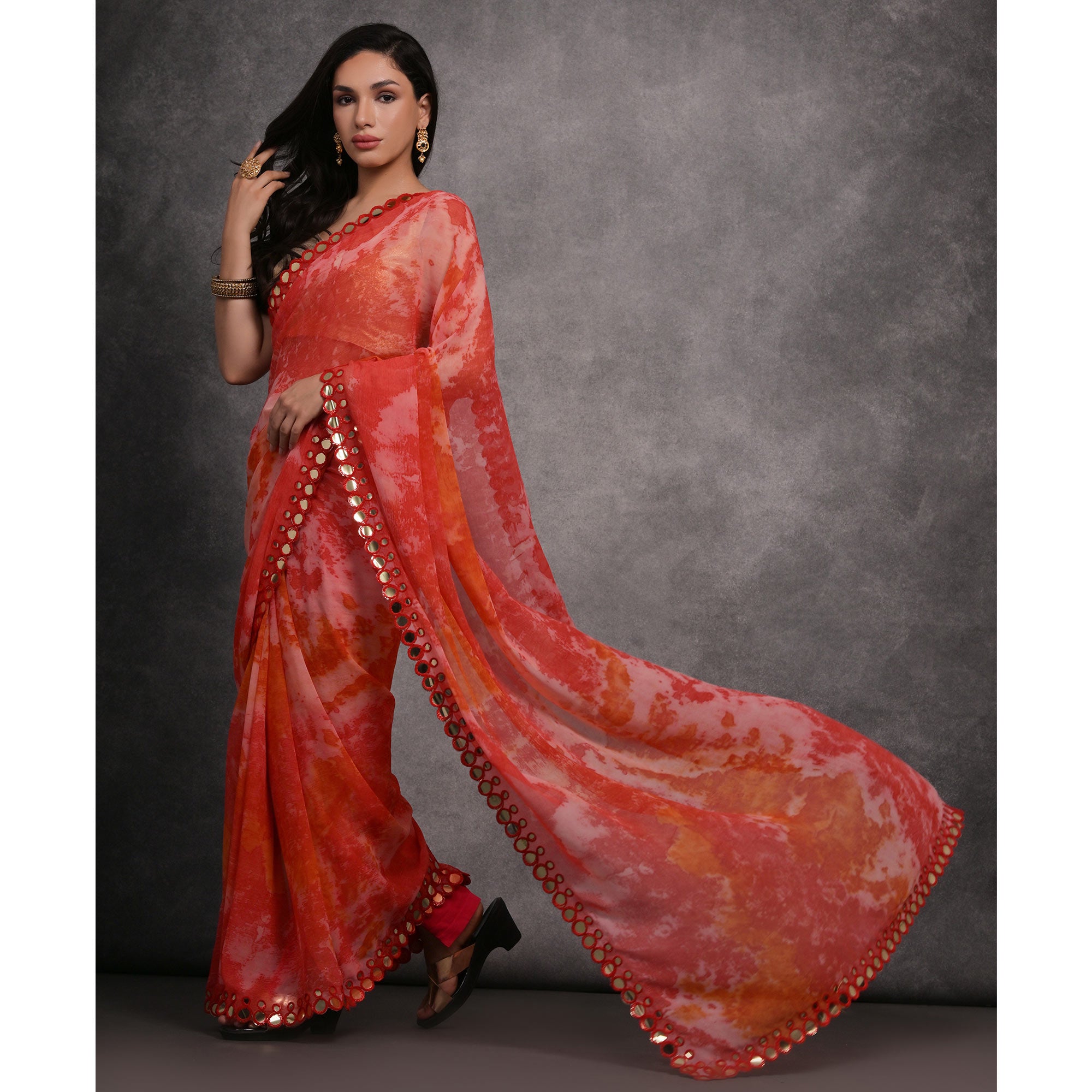 Pink Printed With Mirror Work Georgette Saree