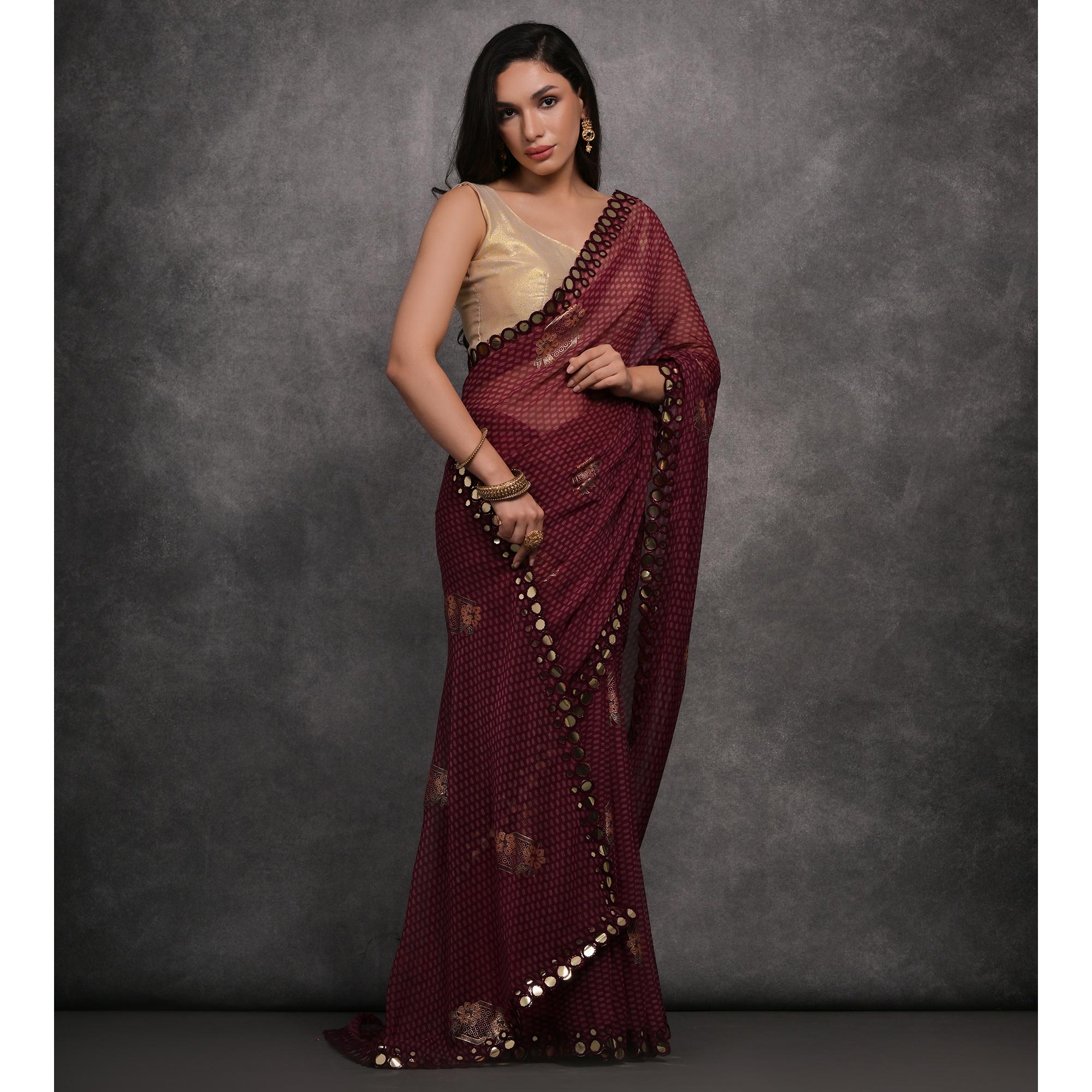 Wine Foil Printed With Mirror Work Georgette Saree