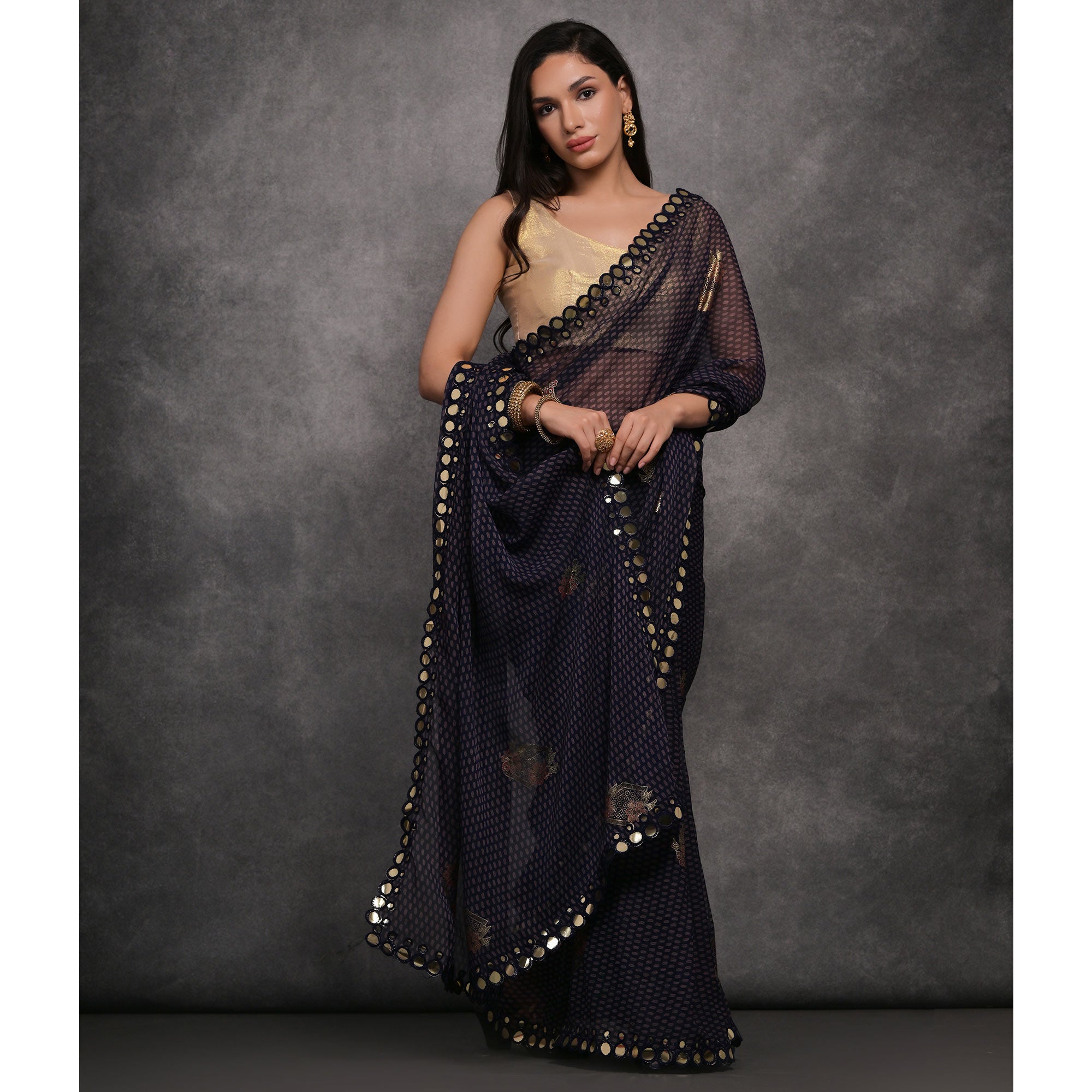 Blue Foil Printed With Mirror Work Georgette Saree