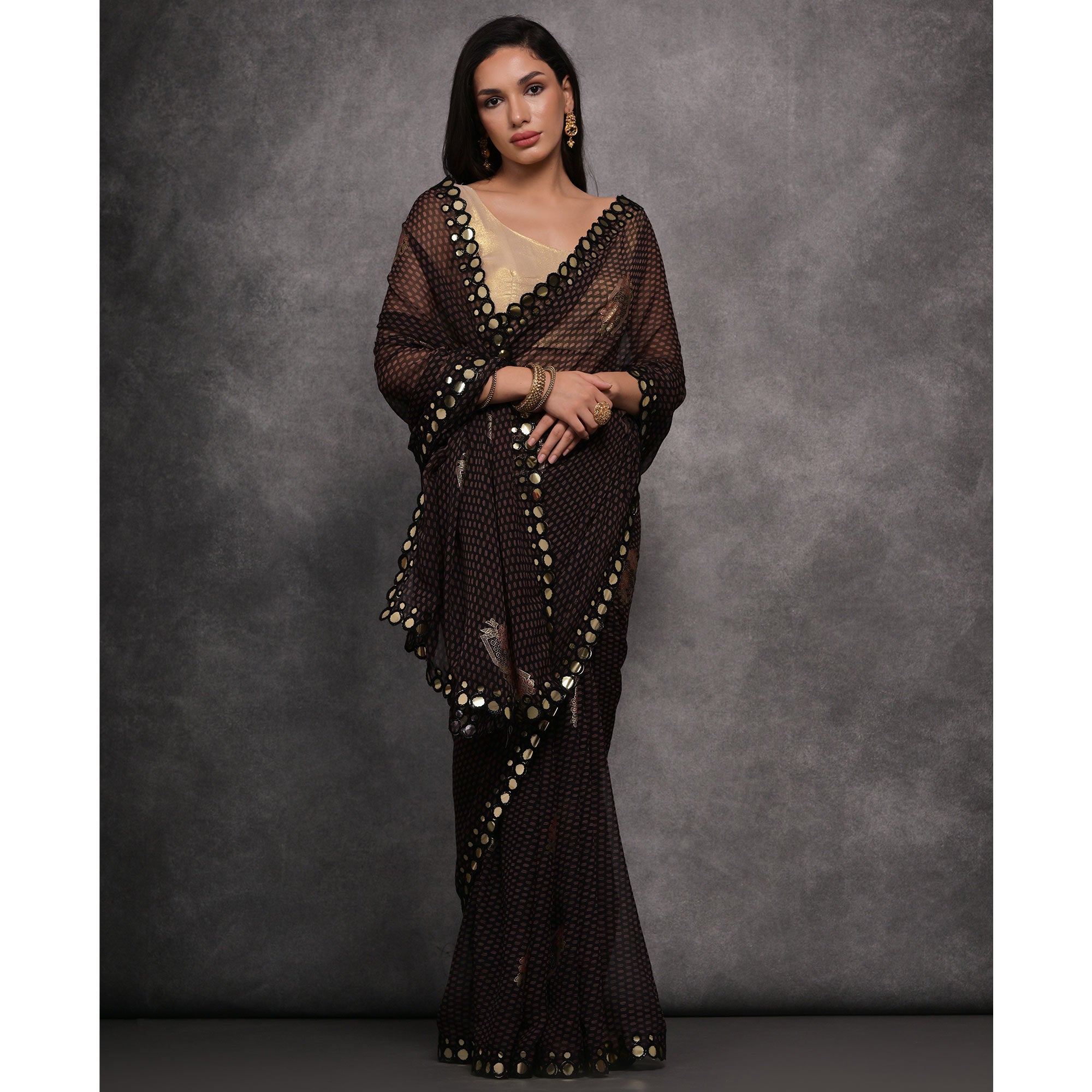 Black Foil Printed With Mirror Work Georgette Saree