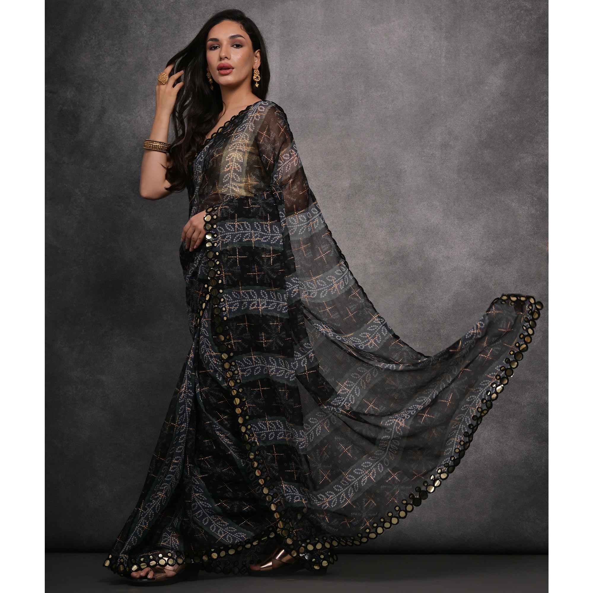 Black Foil Printed With Mirror Work Georgette Saree