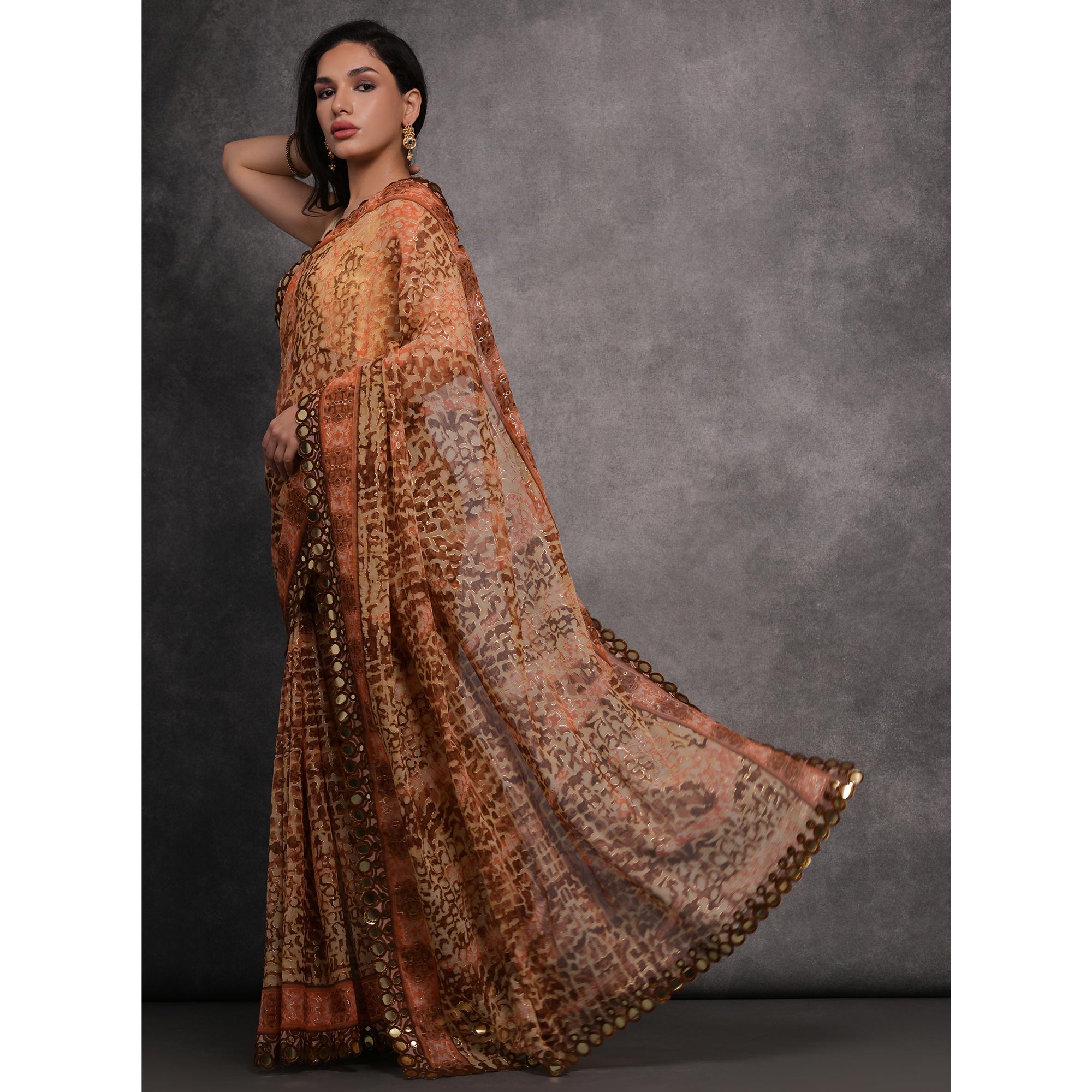 Peach Foil Printed With Mirror Work Georgette Saree