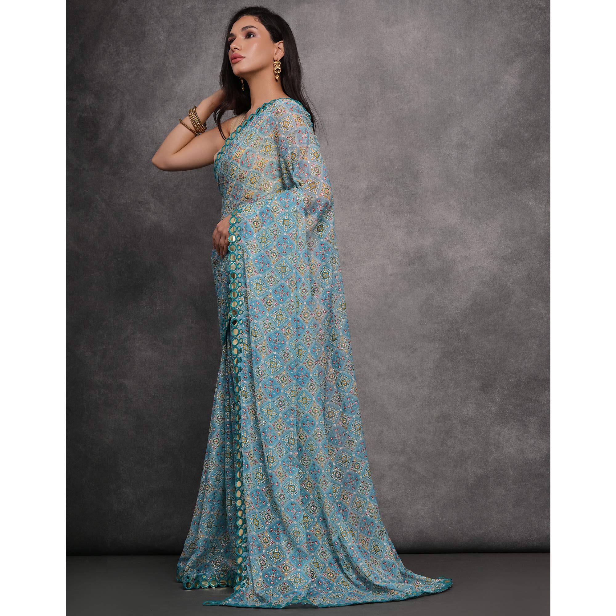 Blue Foil Printed With Mirror Work Georgette Saree