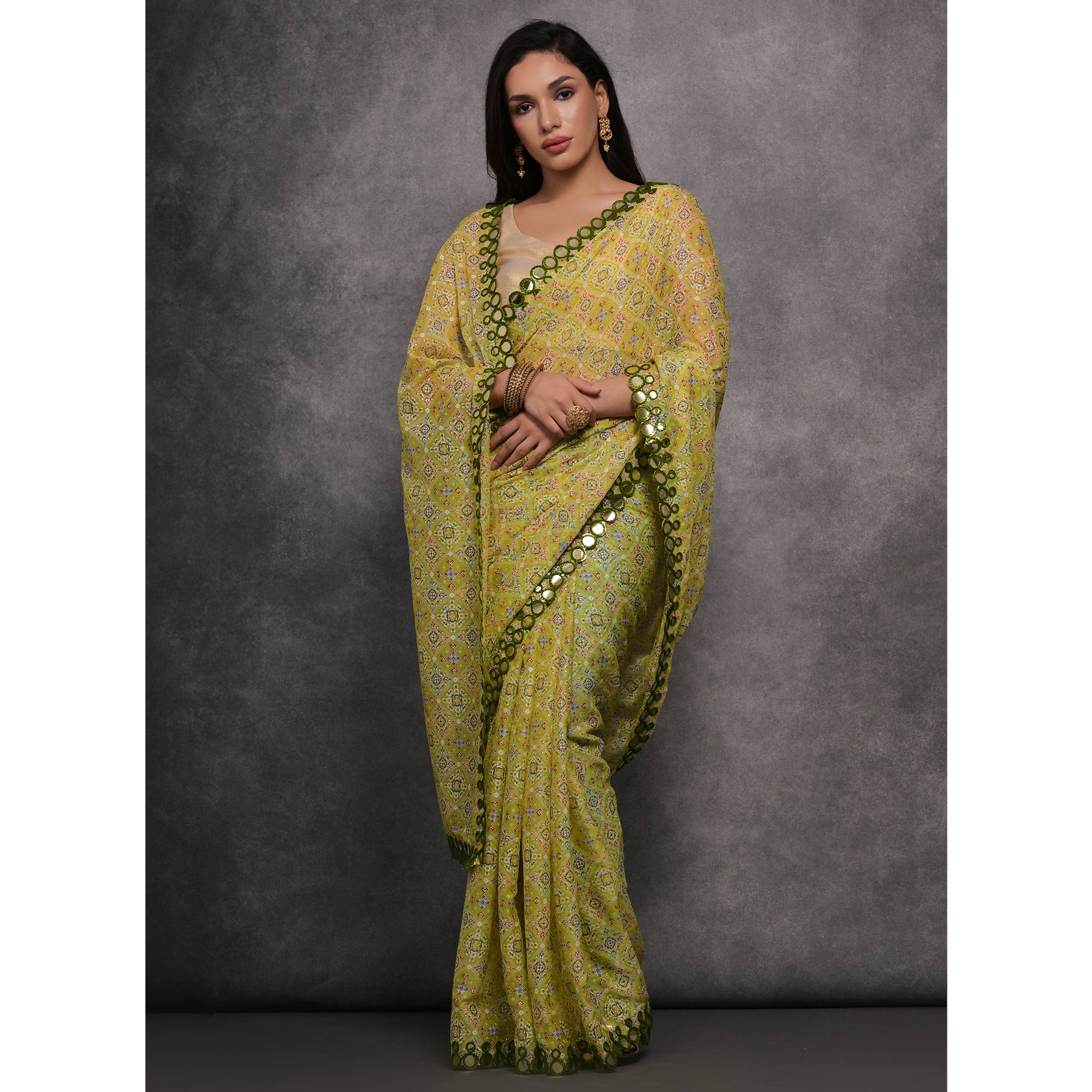 Green Foil Printed With Mirror Work Georgette Saree