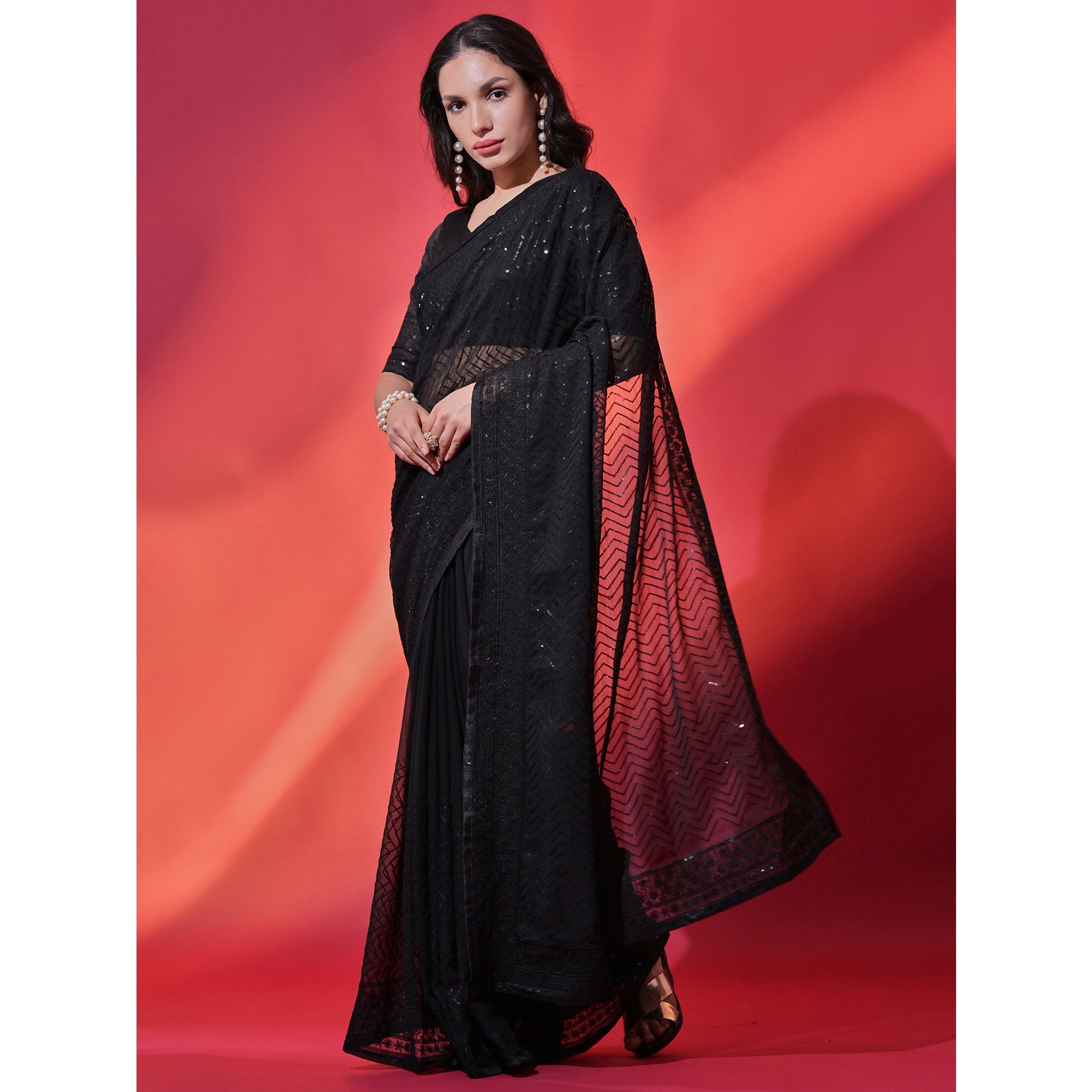 Black Sequins Embroidered Georgette Saree