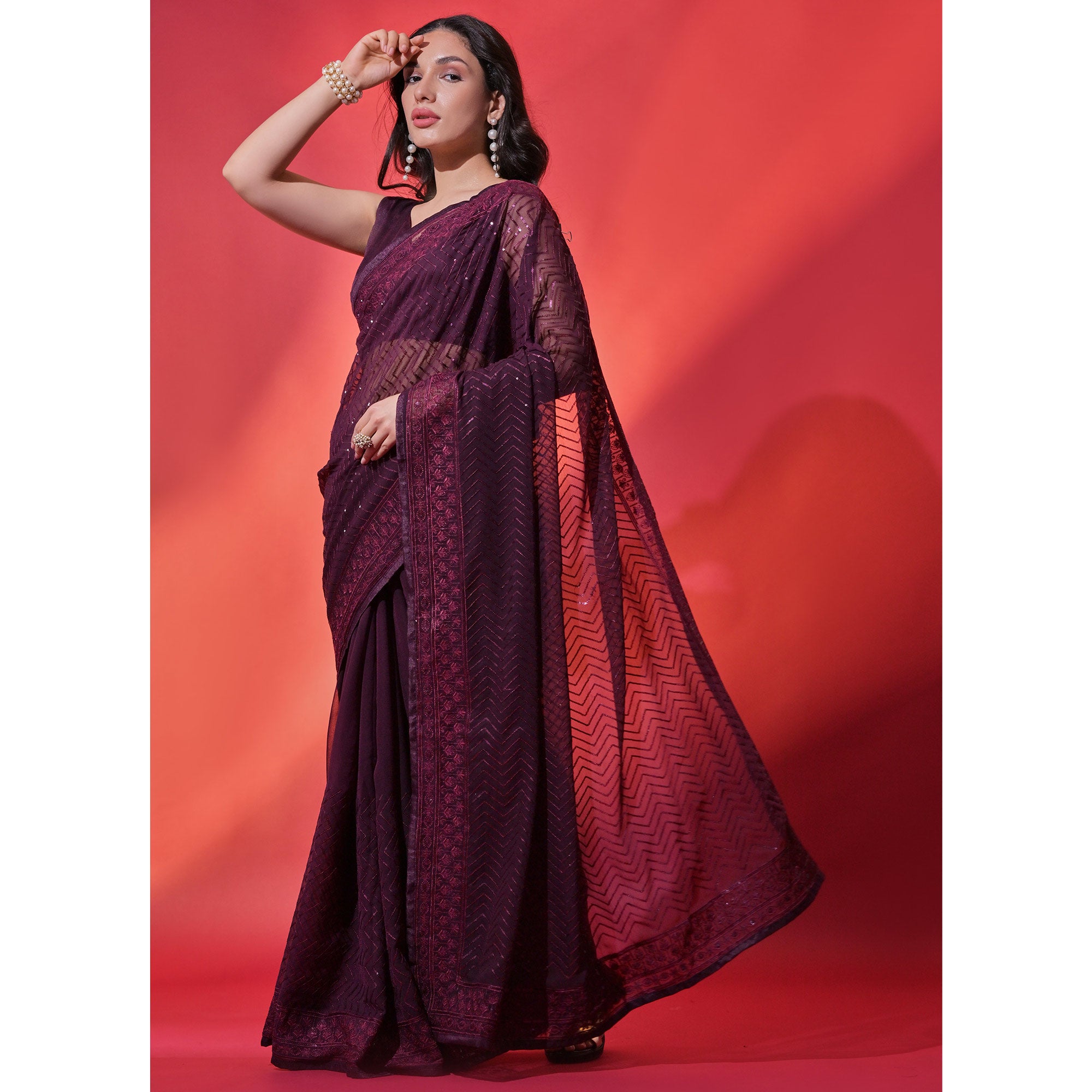 Wine Sequins Embroidered Georgette Saree
