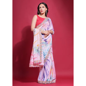 Pink Digital Printed Chinon Saree With Coding Border