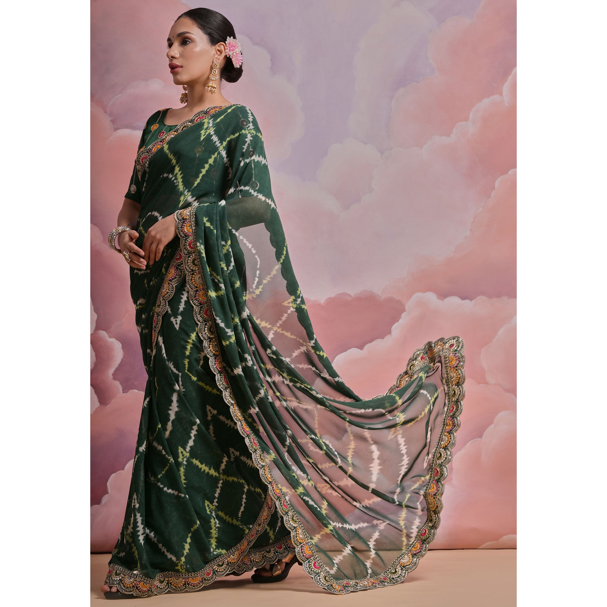 Green  Printed With Embroidered Border Georgette Saree