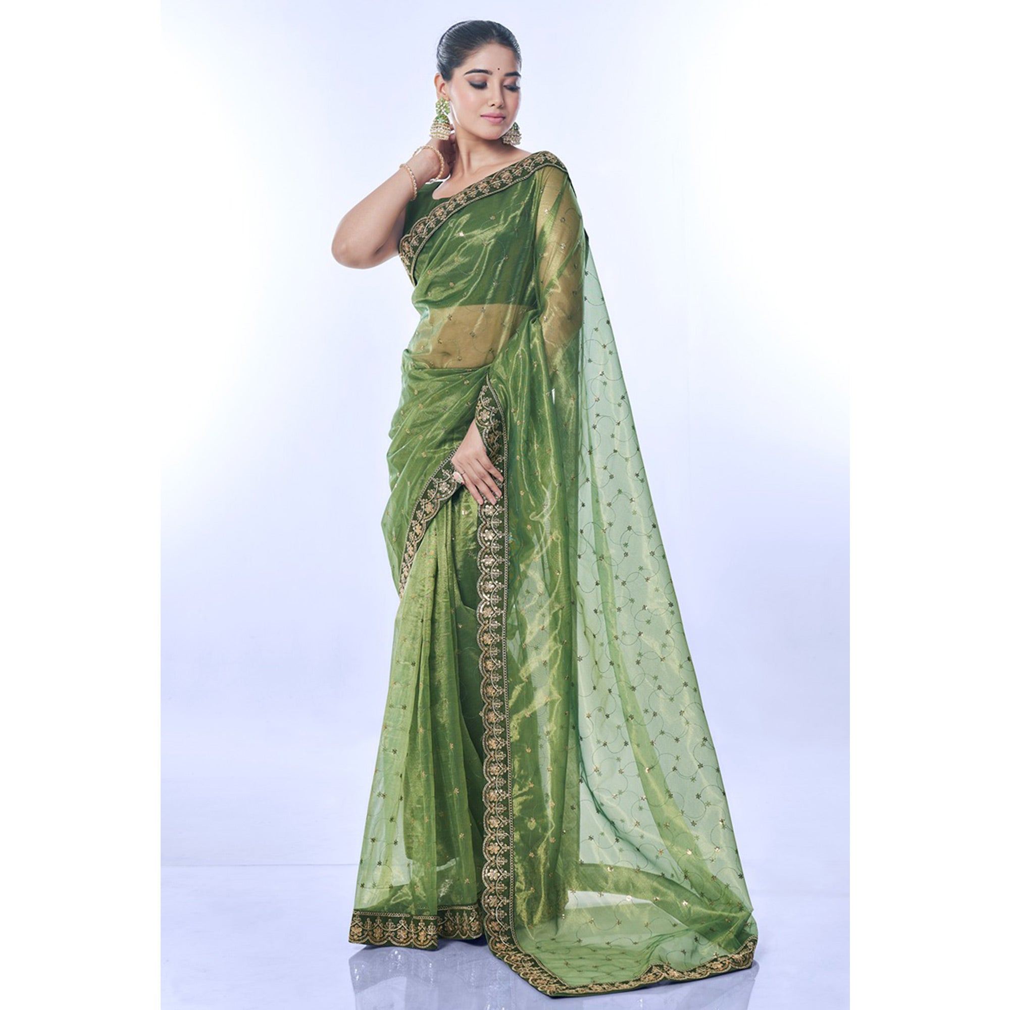 Green Sequins Embroidered Net Saree