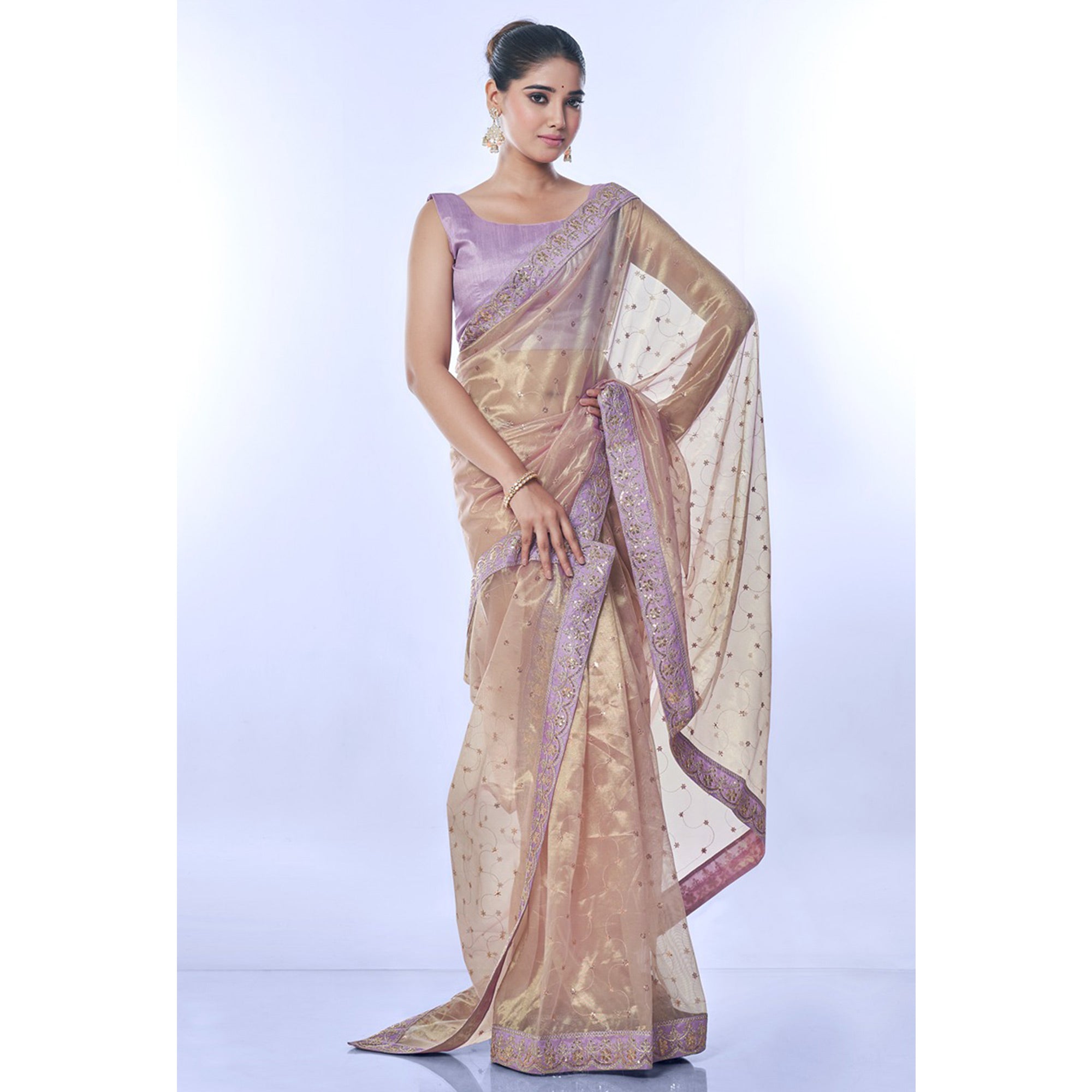 Beige Sequins Embroidered Net Saree