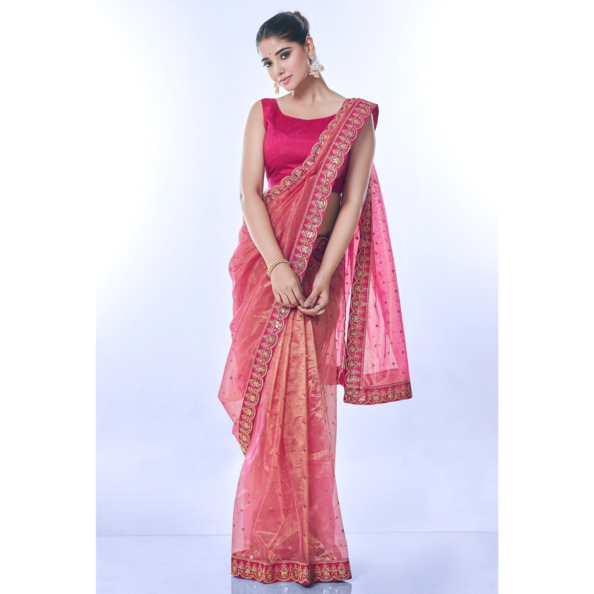 Pink Sequins Embroidered Net Saree