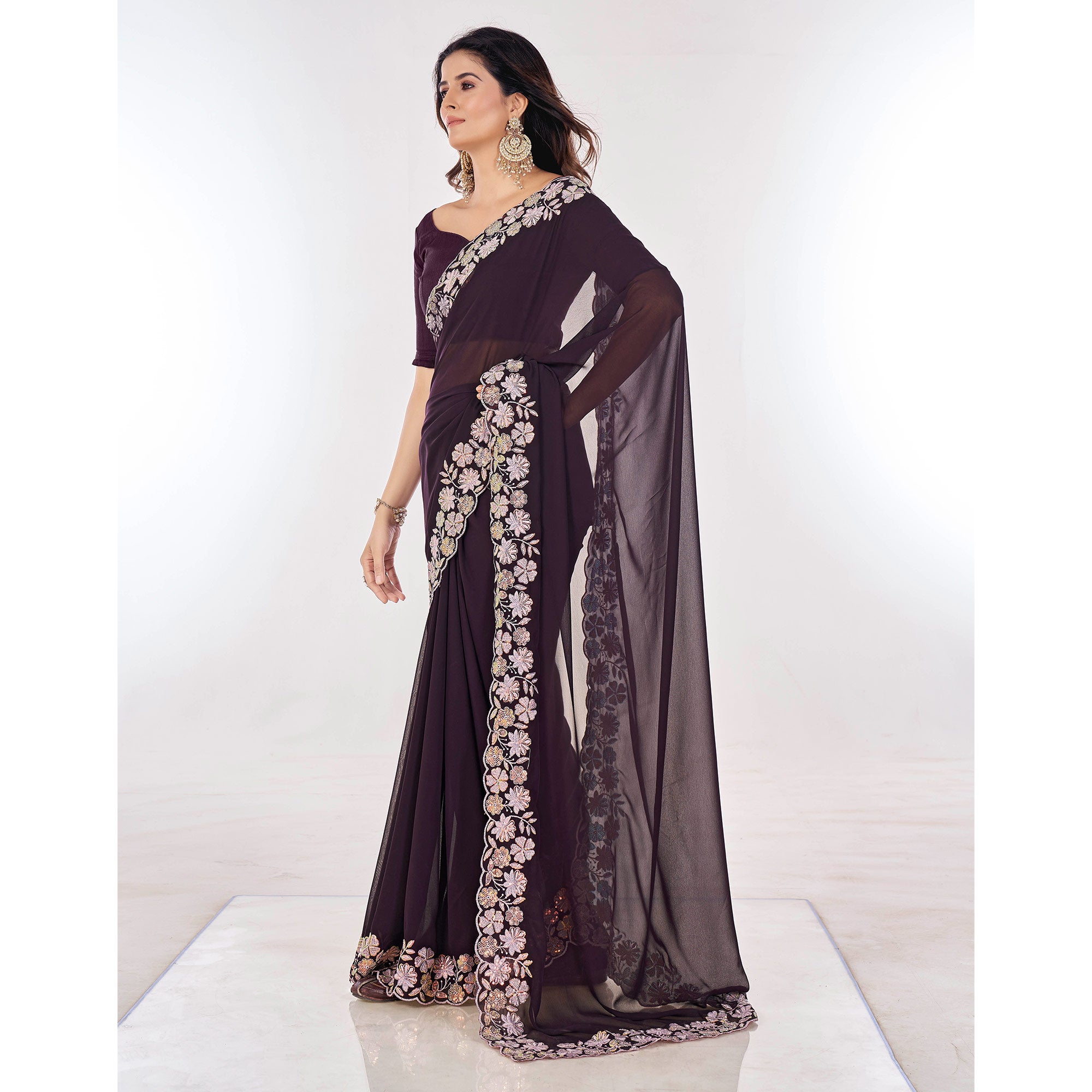 Wine Sequins Embroidered Georgette Saree