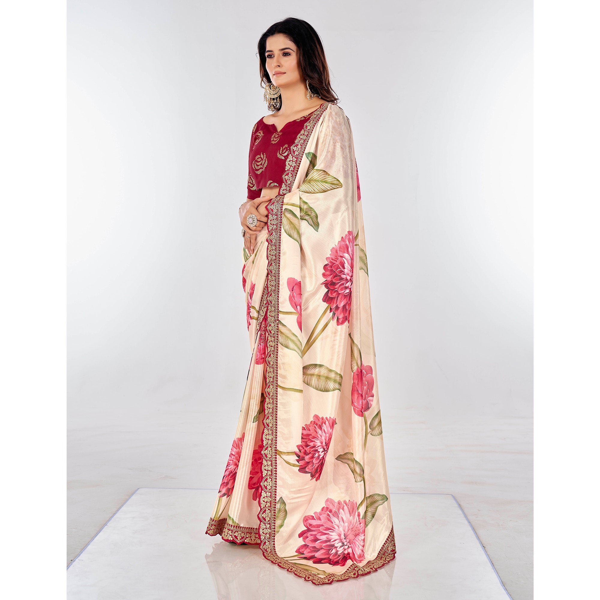 Off White Floral Printed Chinon Saree