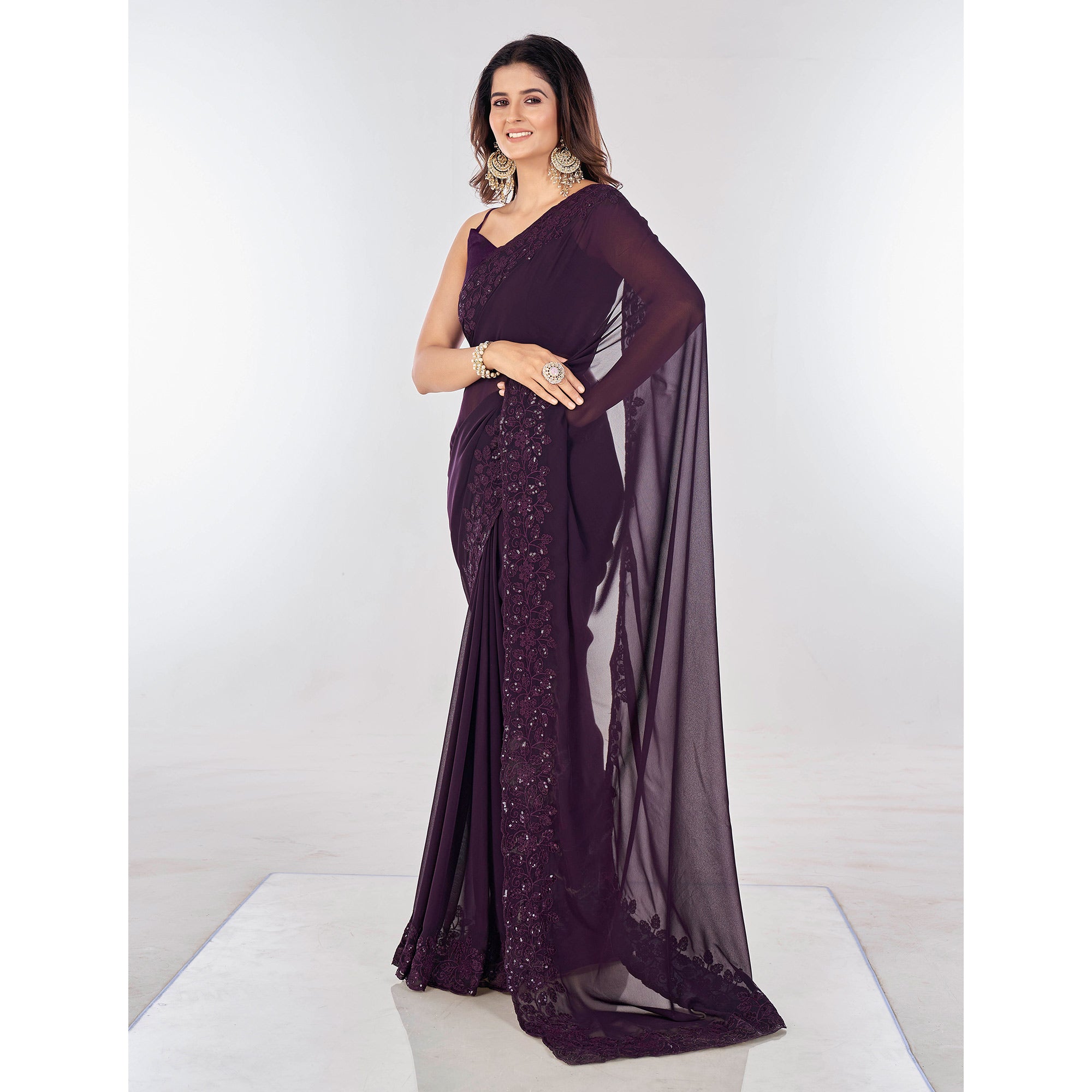 Wine Sequins Embroidered Georgette Saree