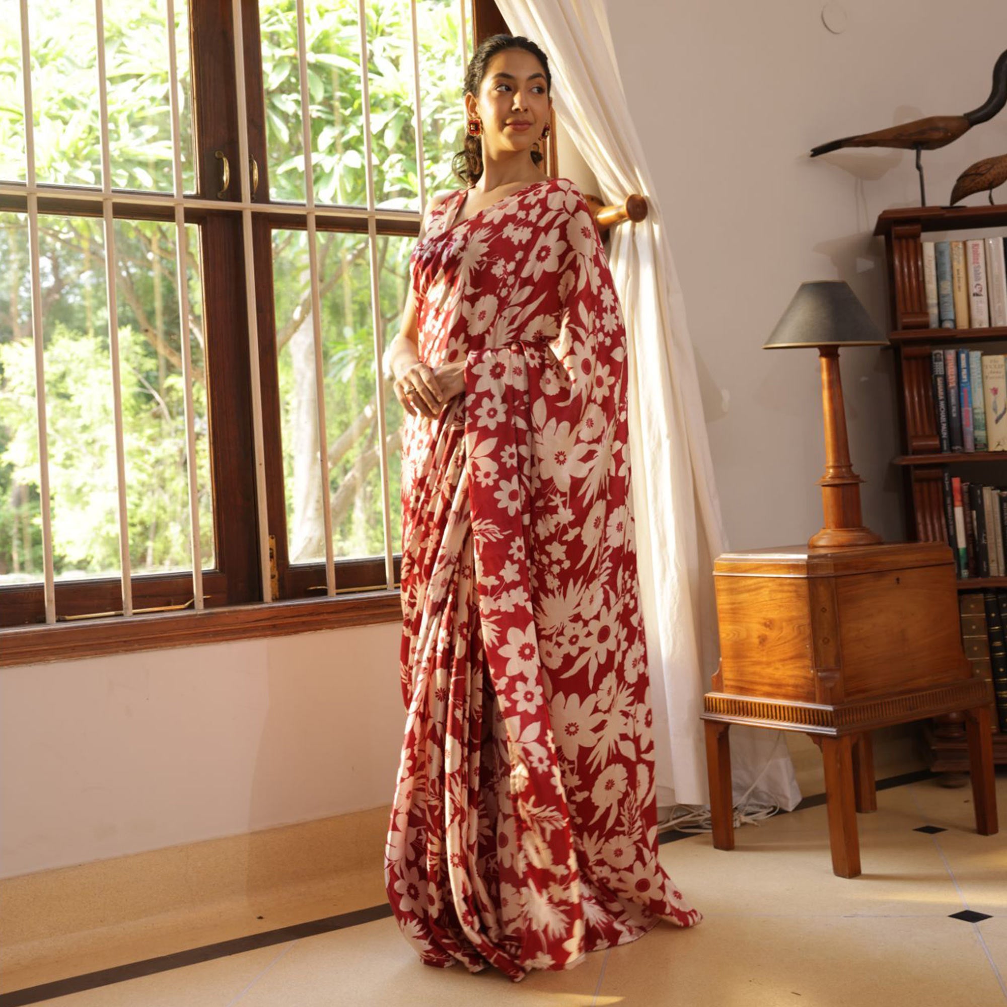 Maroon Digital Printed Satin Saree