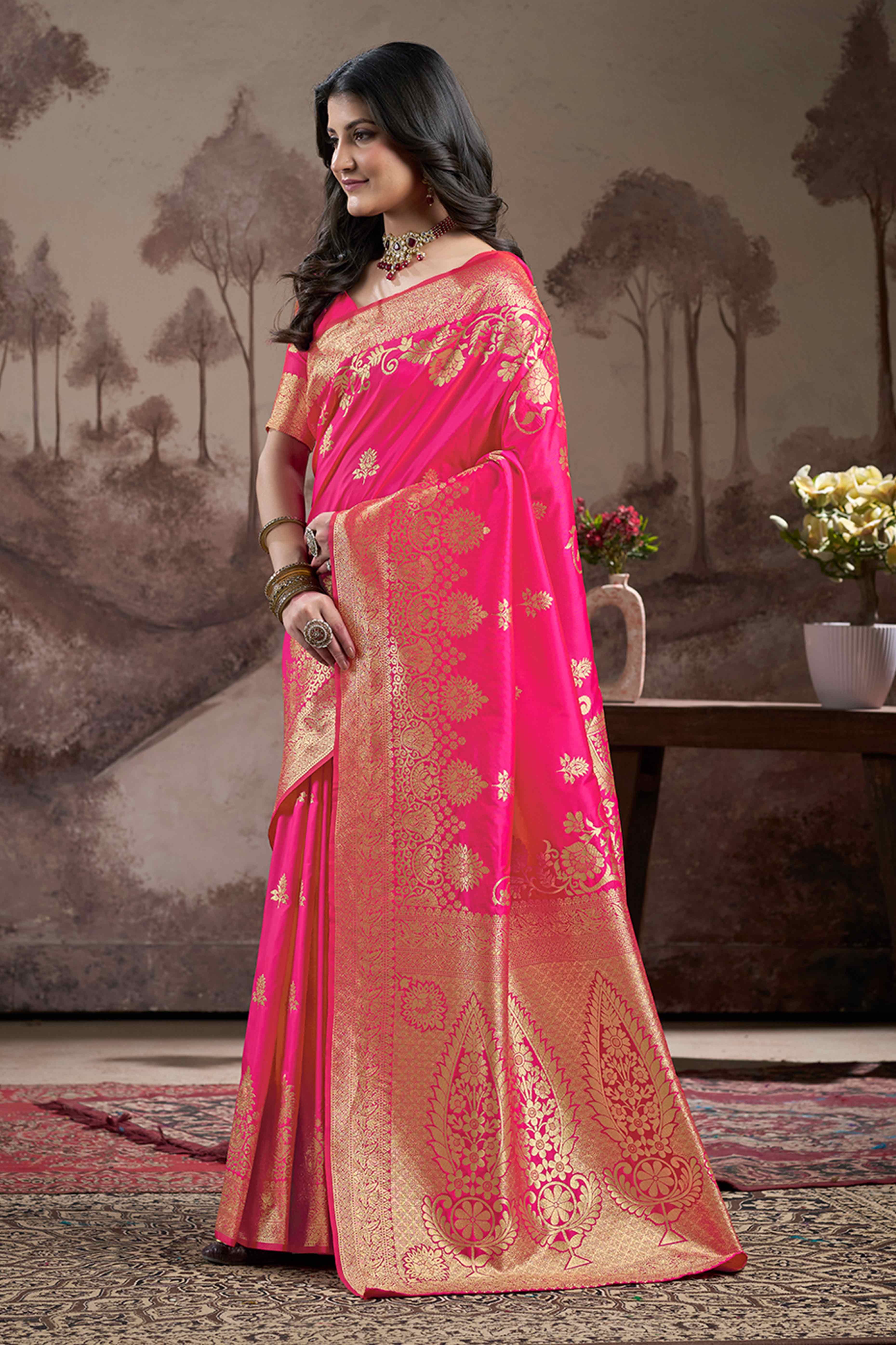 Pink Floral Woven Jacquard Silk Saree