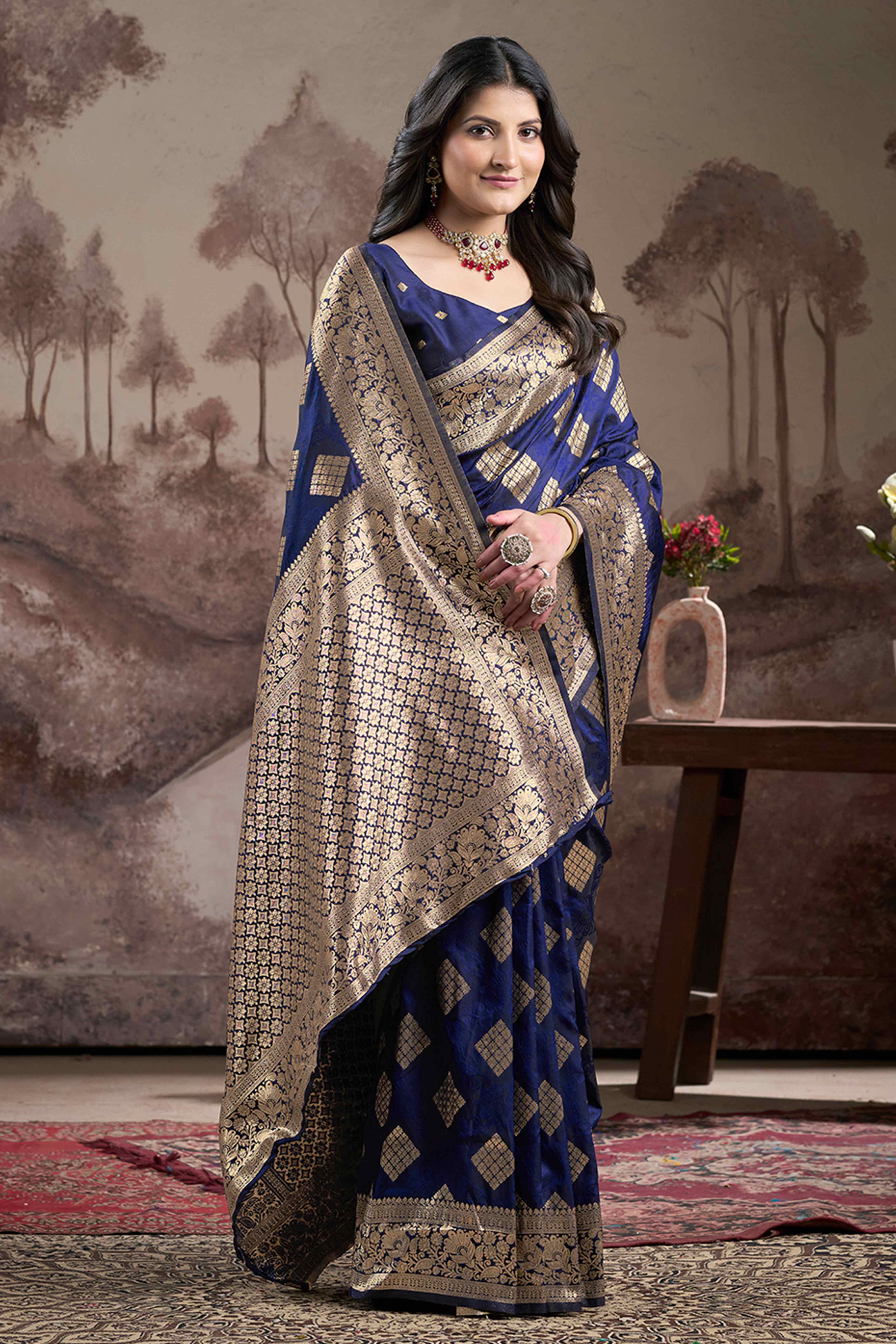 Navy Blue Woven Jacquard Silk Saree
