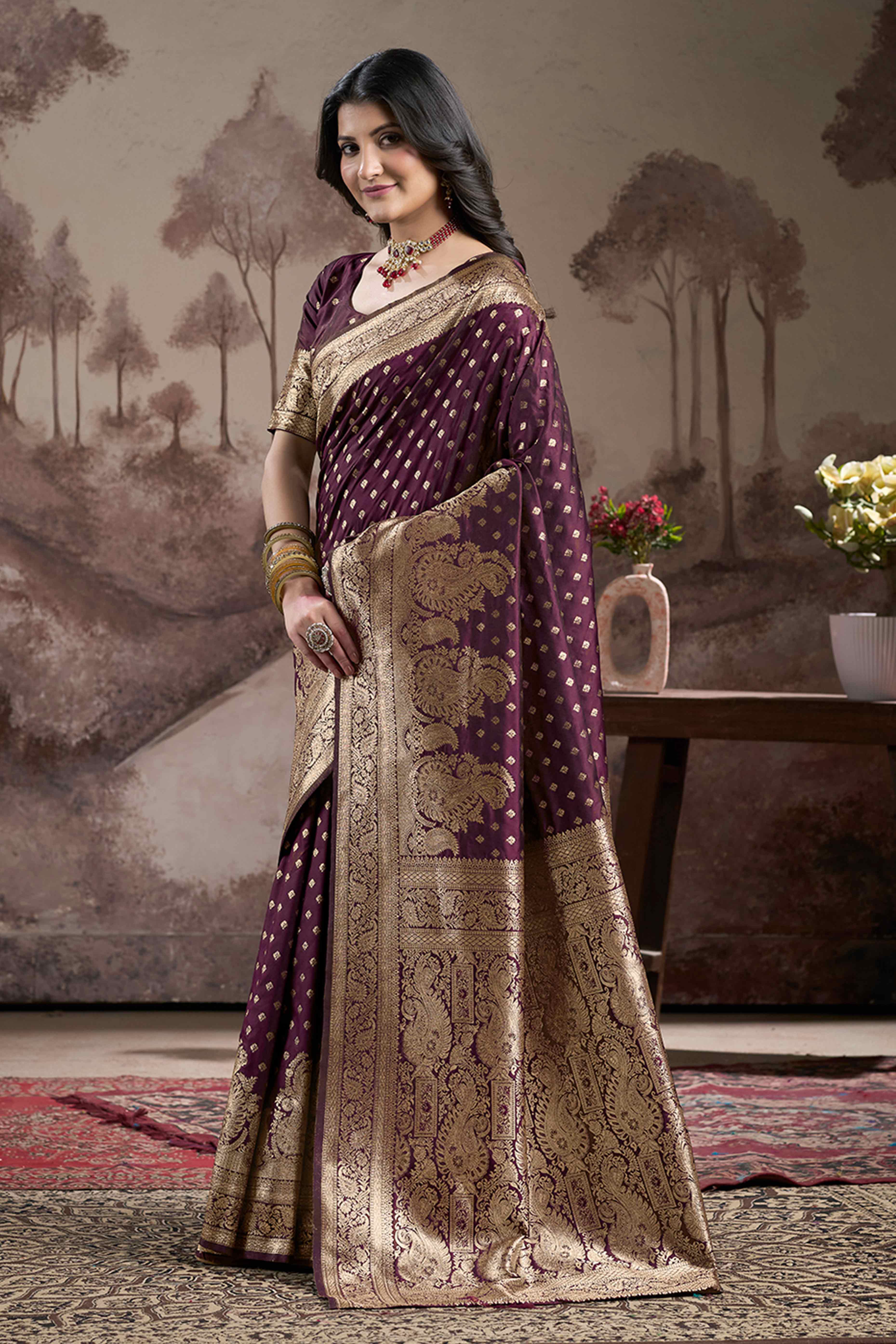 Dark Wine Floral Woven Jacquard Silk Saree