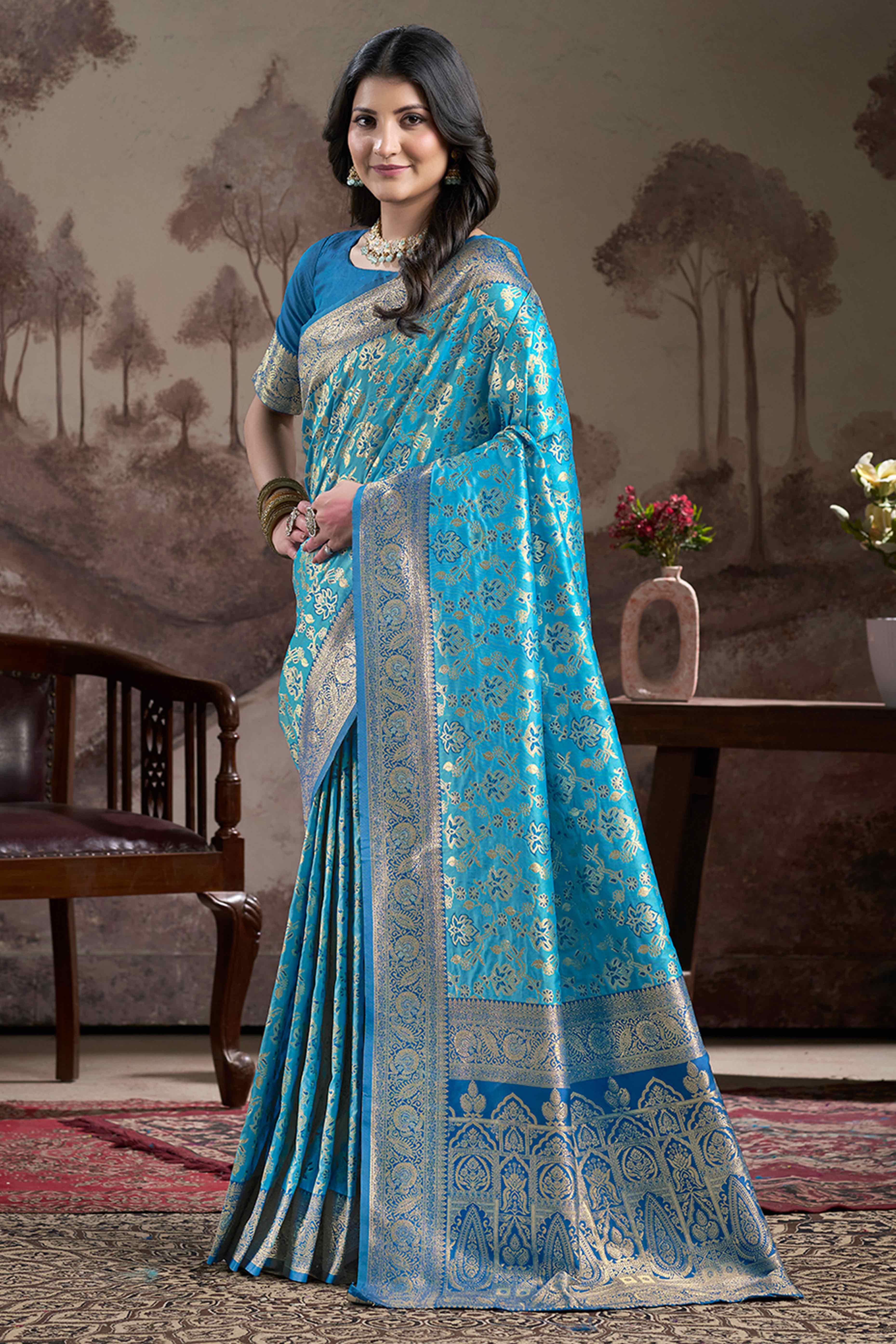 Blue Floral Woven Jacquard Silk Saree
