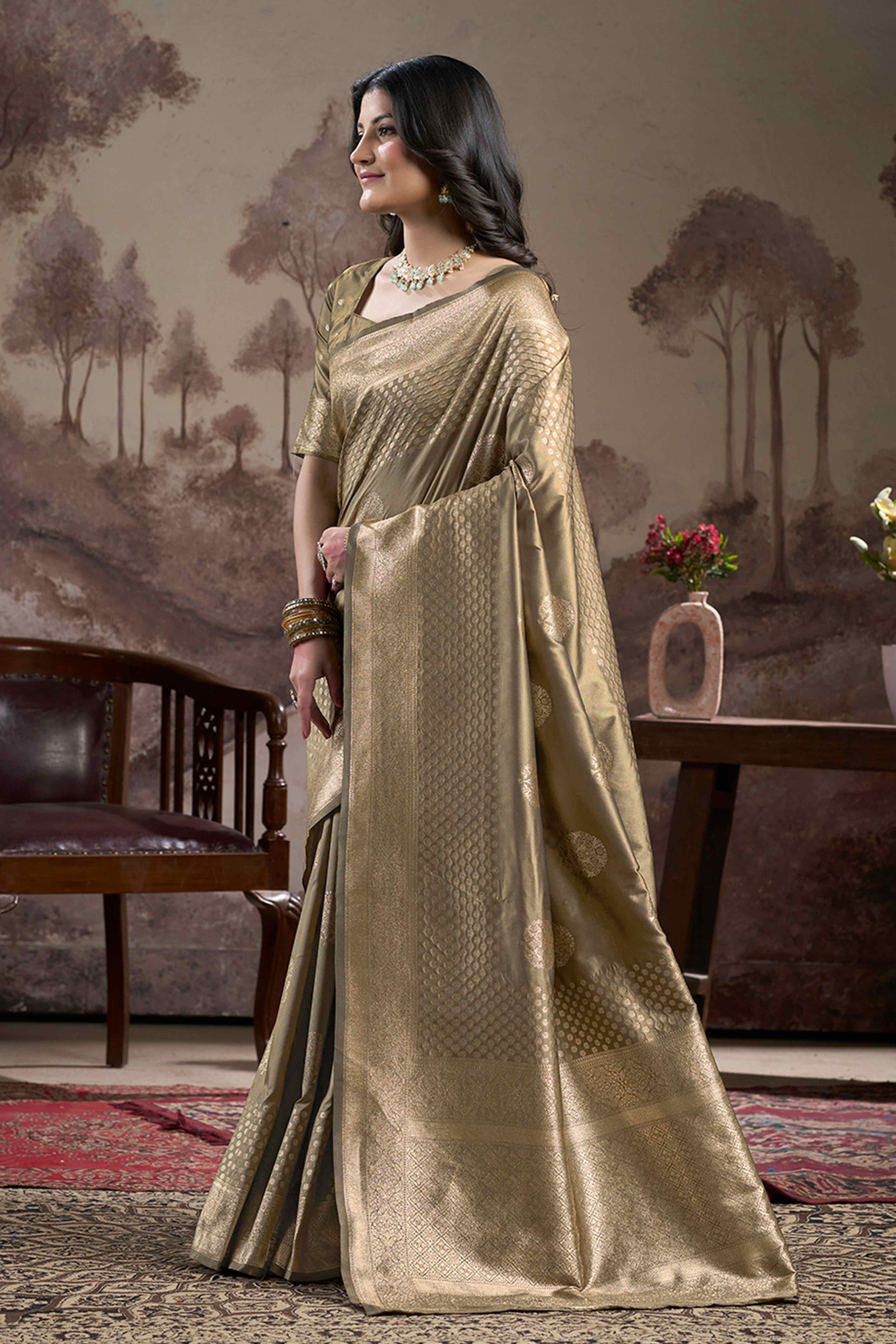 Chikoo Floral Woven Jacquard Silk Saree