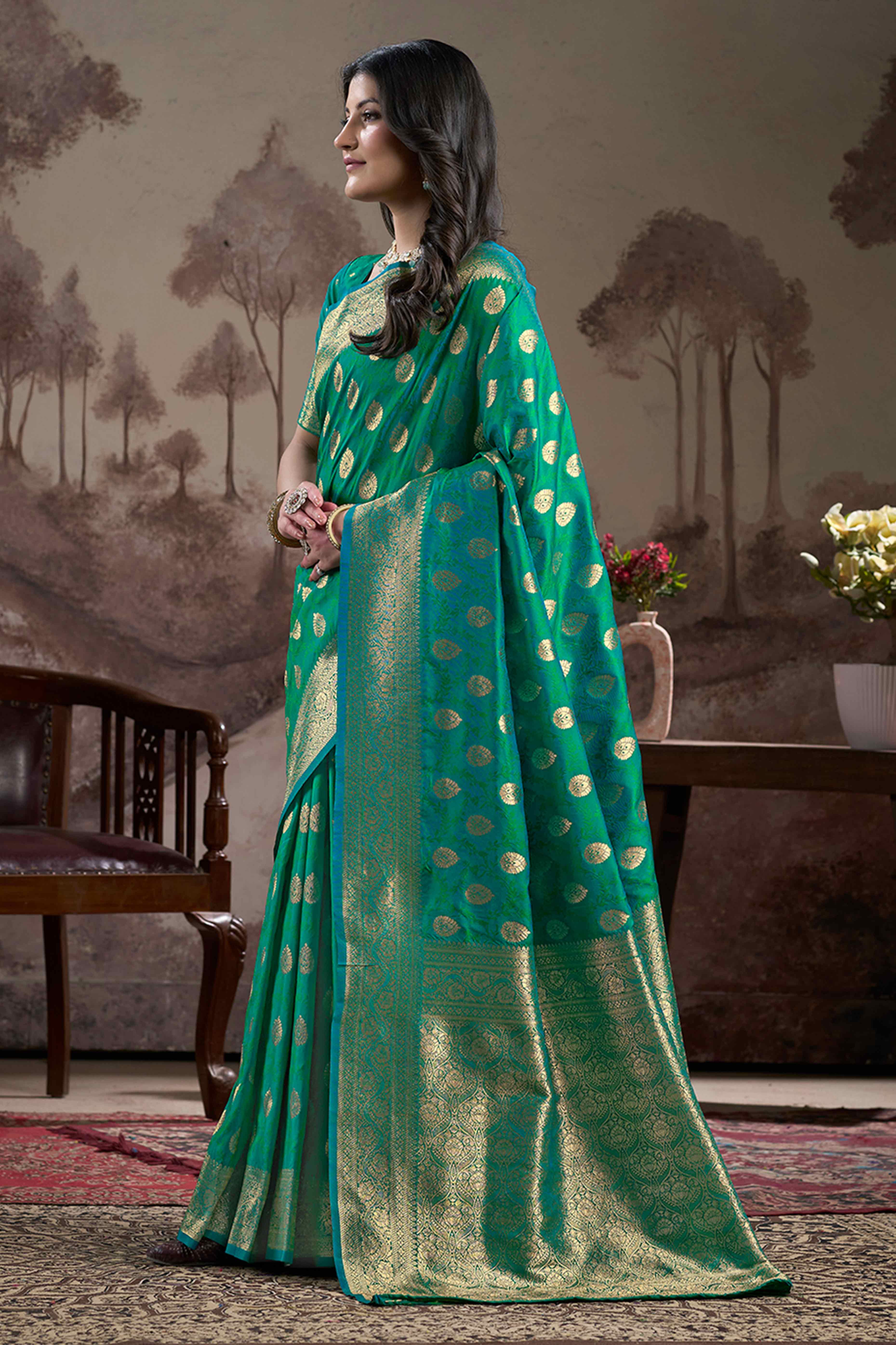 Rama Green Floral Woven Jacquard Silk Saree