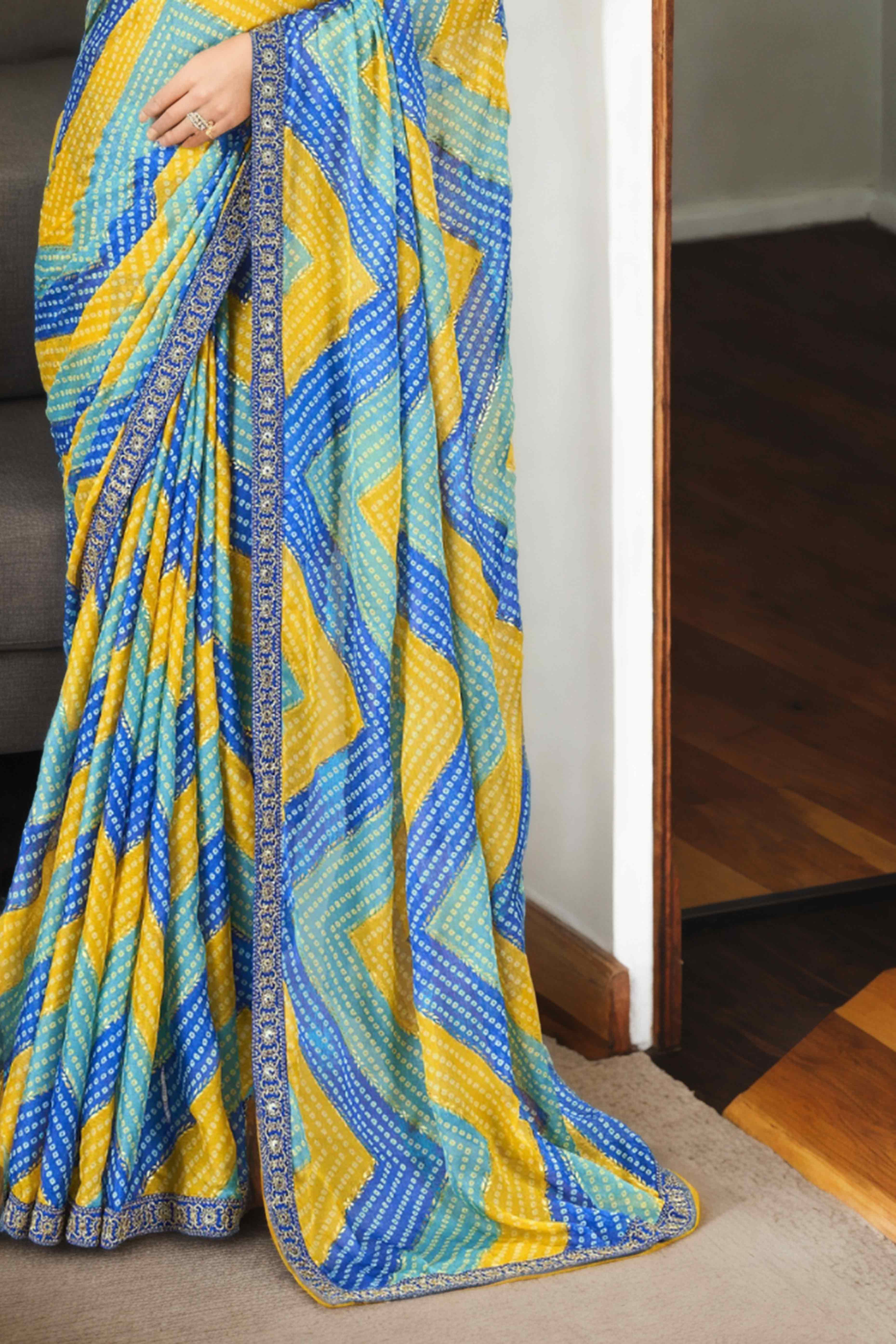 Blue & Yellow Bandhani Digital Printed Chinon Saree With Embroidered Border
