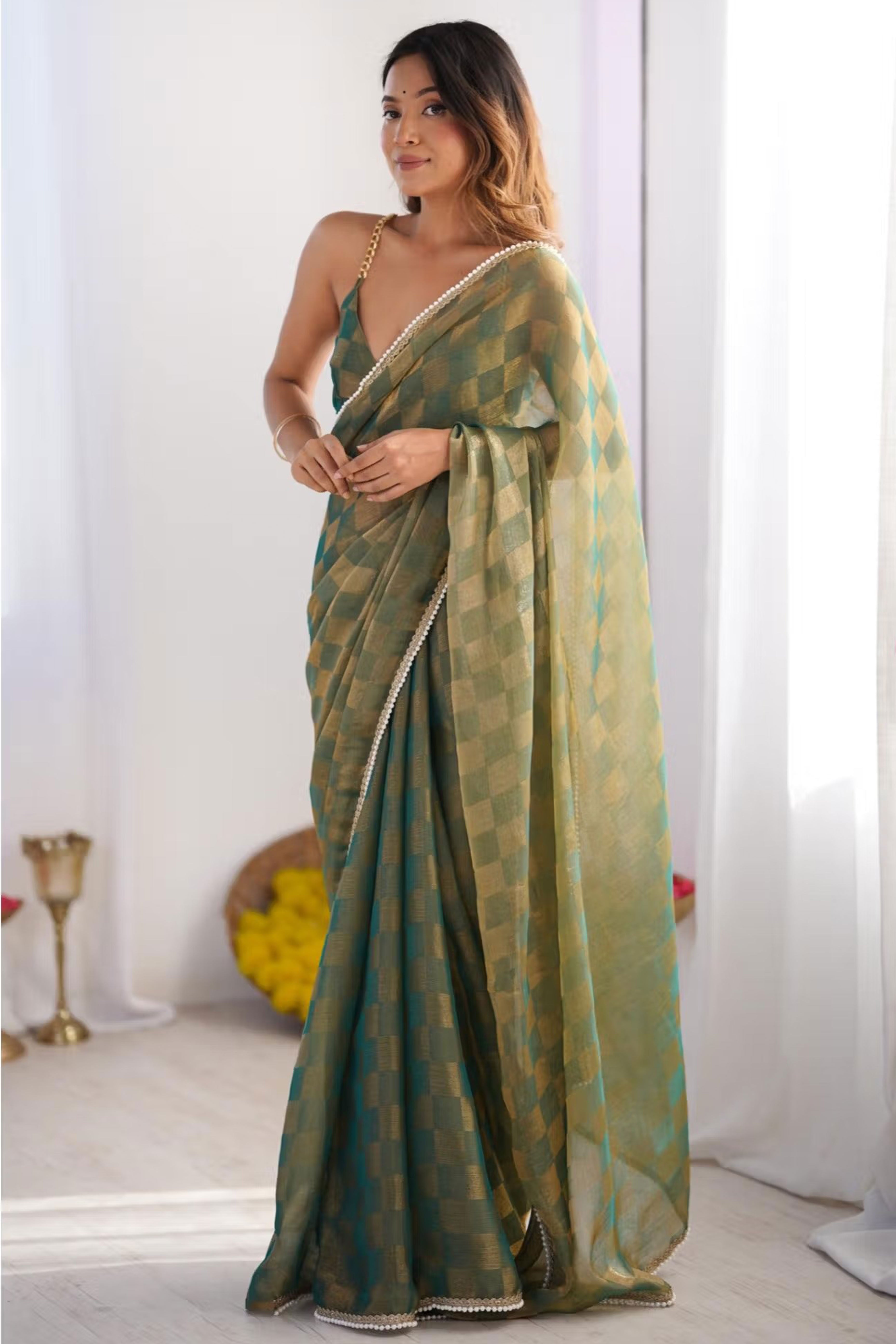 Green Checks Weaving Chiffon Saree With Refined Moti Lace Border