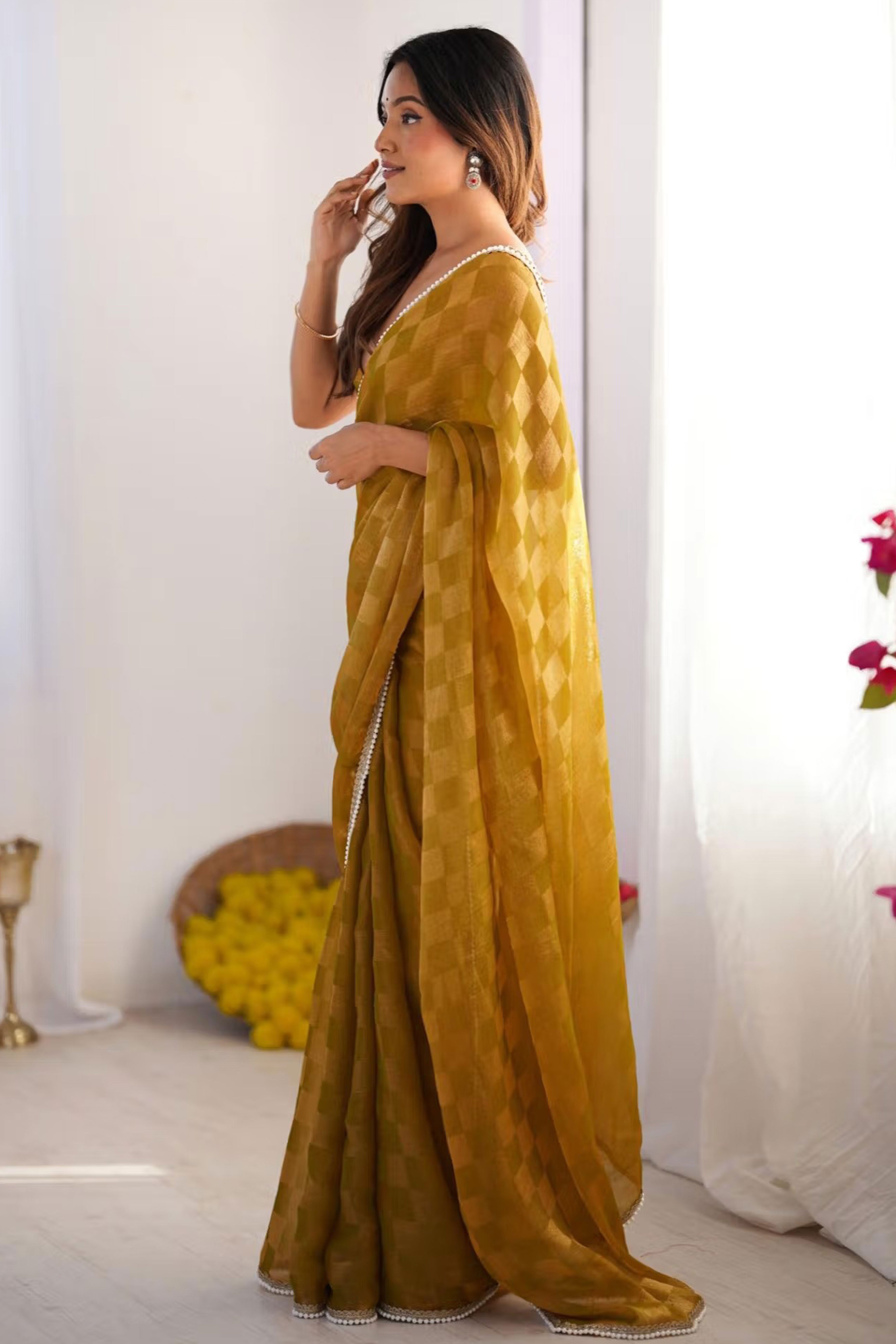 Mustard Checks Weaving Chiffon Saree With Refined Moti Lace Border