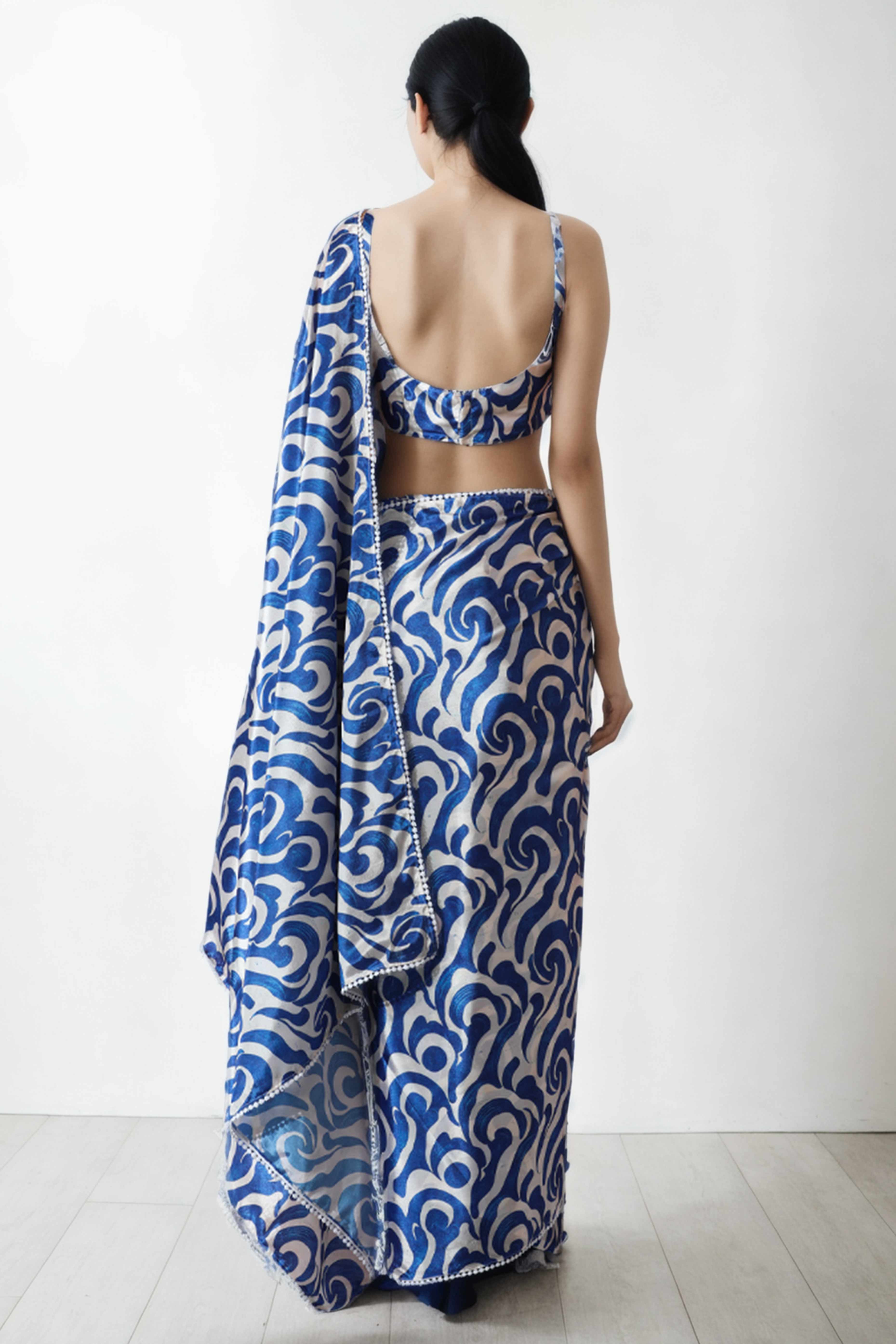 Blue Digital Printed With Lace Border Pallu Chinon Ready To Wear Saree