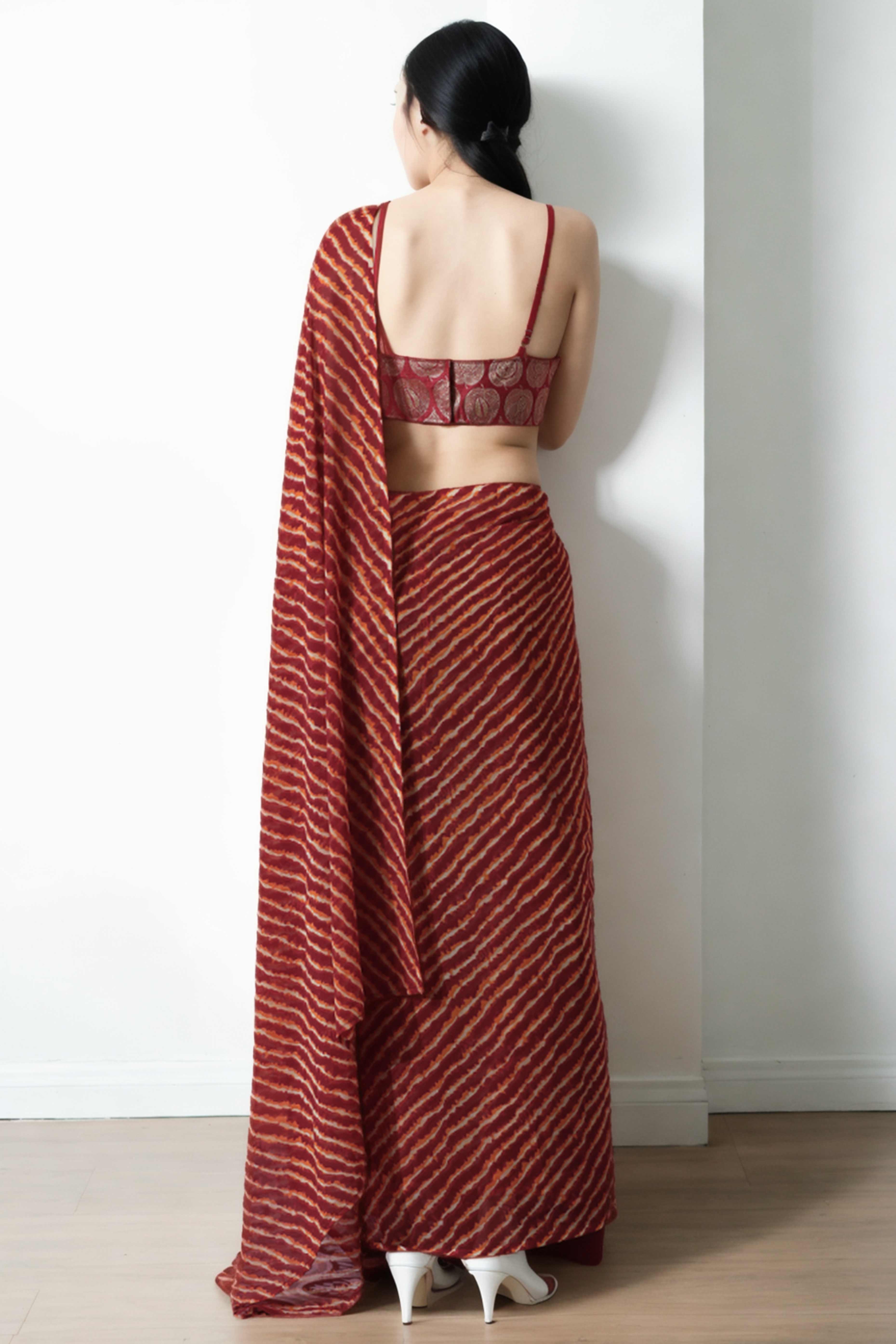 Maroon Leheriya Printed With Marbel Chiffon Ready To Wear Saree