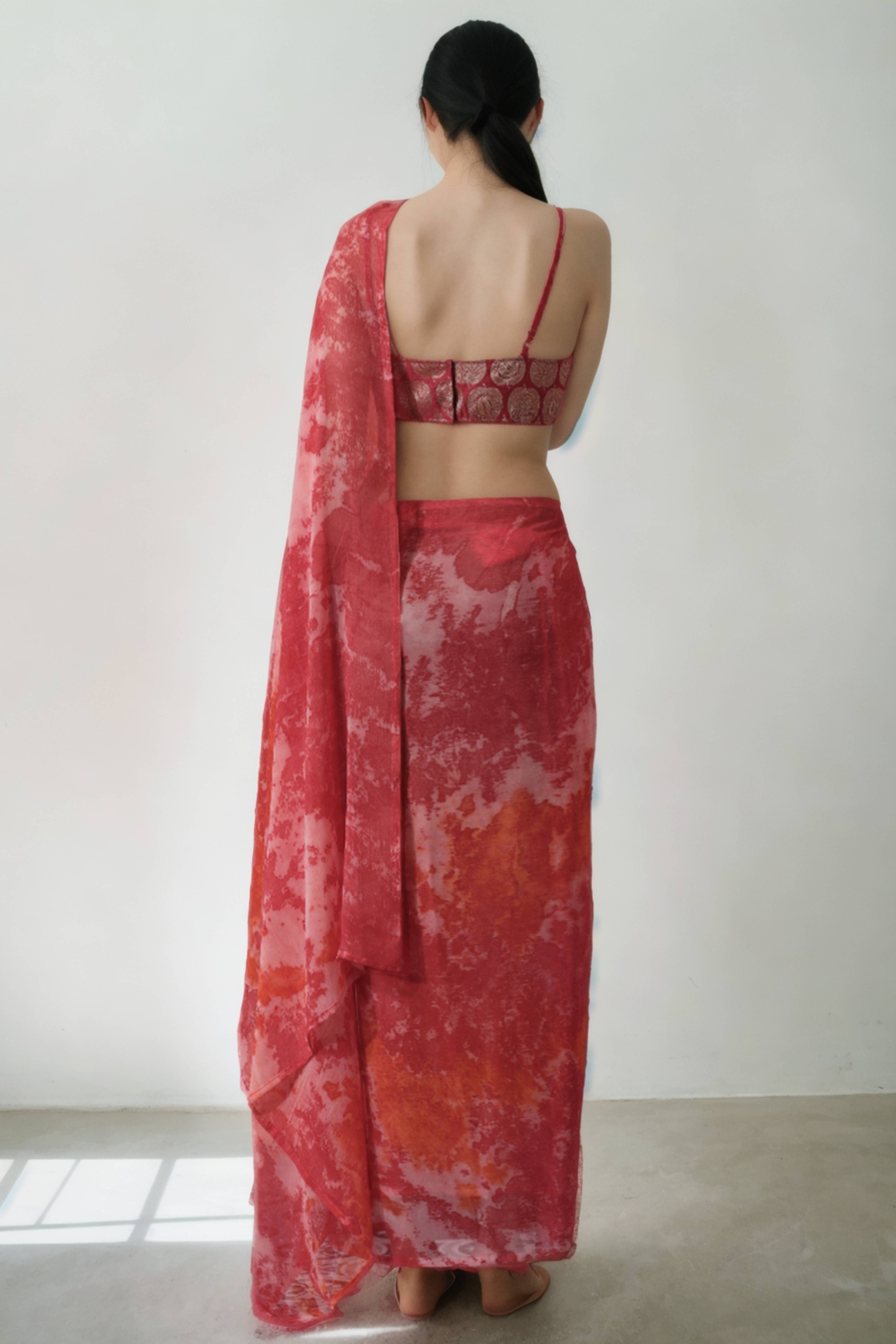 Gajari Pink Tie & Dye Printed With Marbel Chiffon Ready To Wear Saree