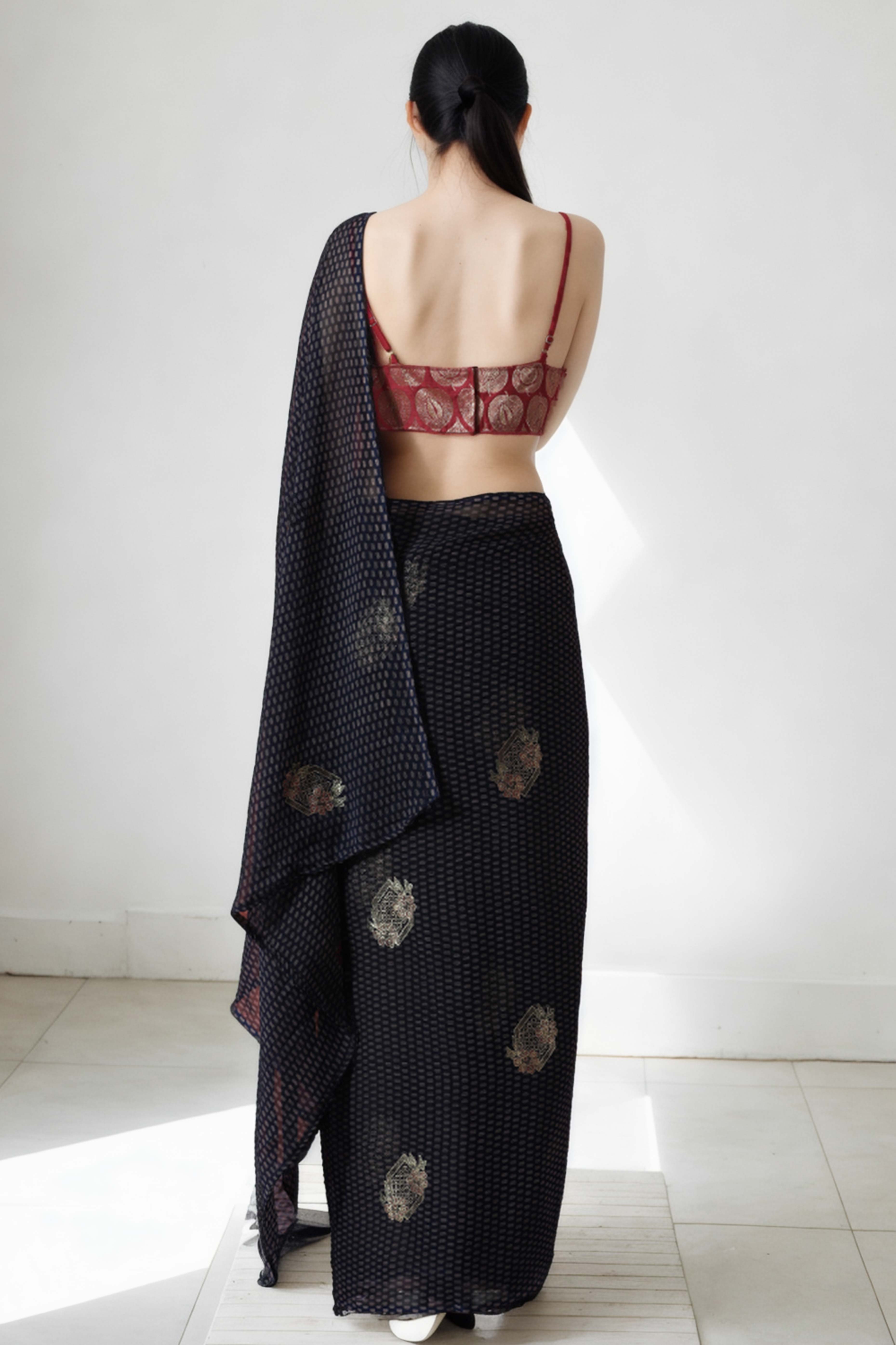 Black Floral Foil Printed With Marbel Chiffon Ready To Wear Saree
