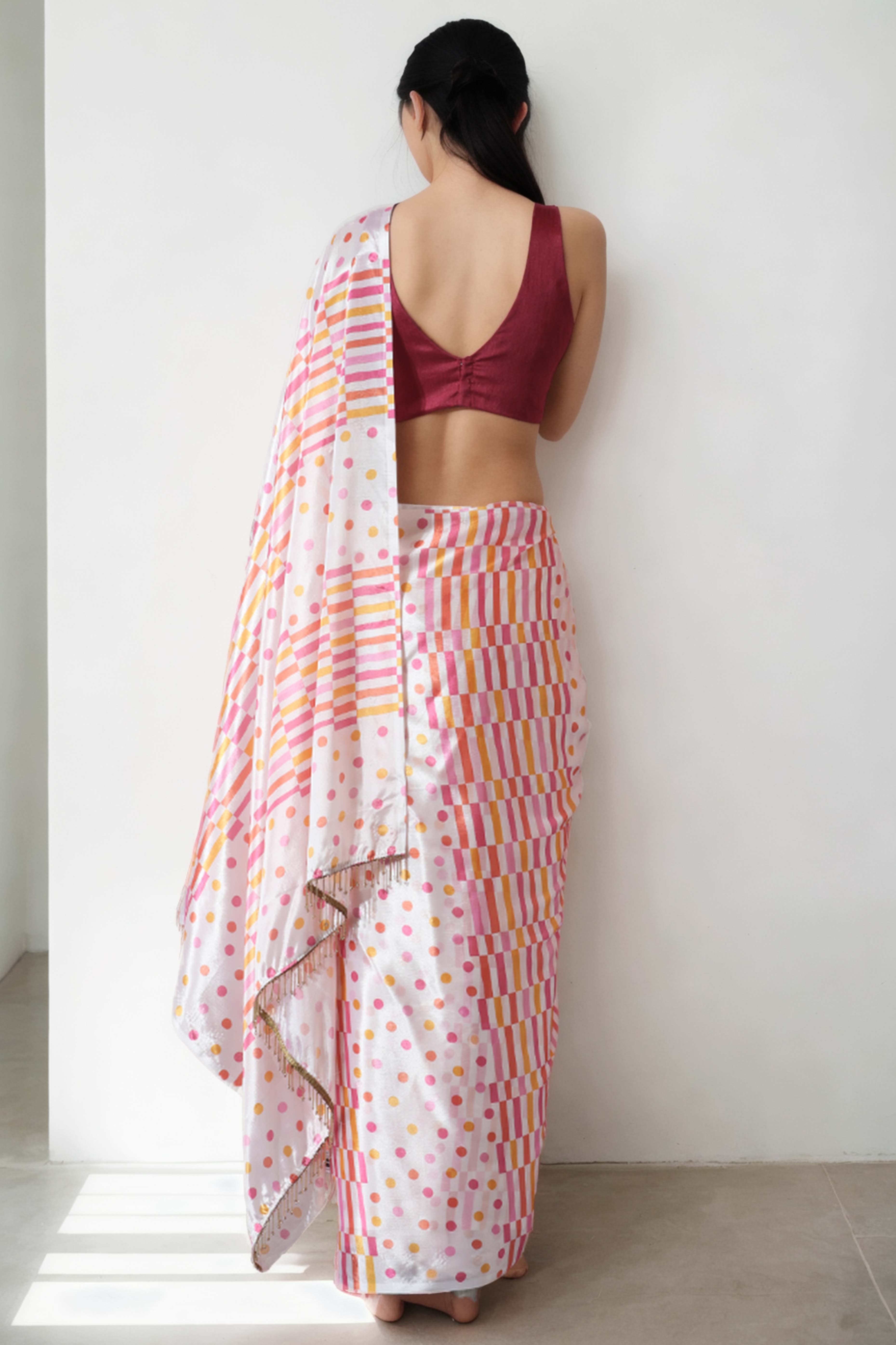 White Striped With Polka Dot Digital Printed With Lace Border Pallu Chinon Ready To Wear Saree