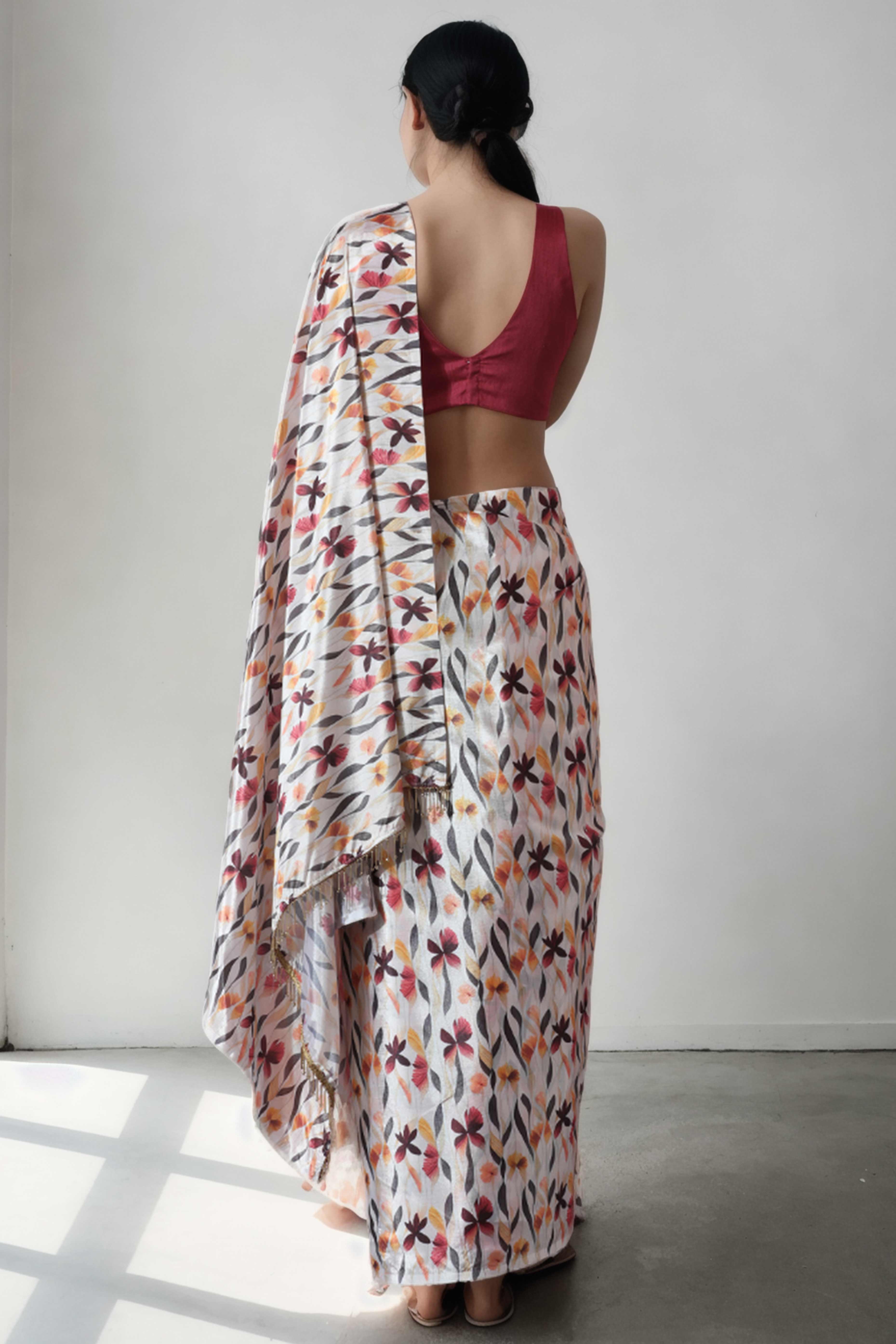 Beige Floral Digital Printed With Lace Border Pallu Chinon Ready To Wear Saree