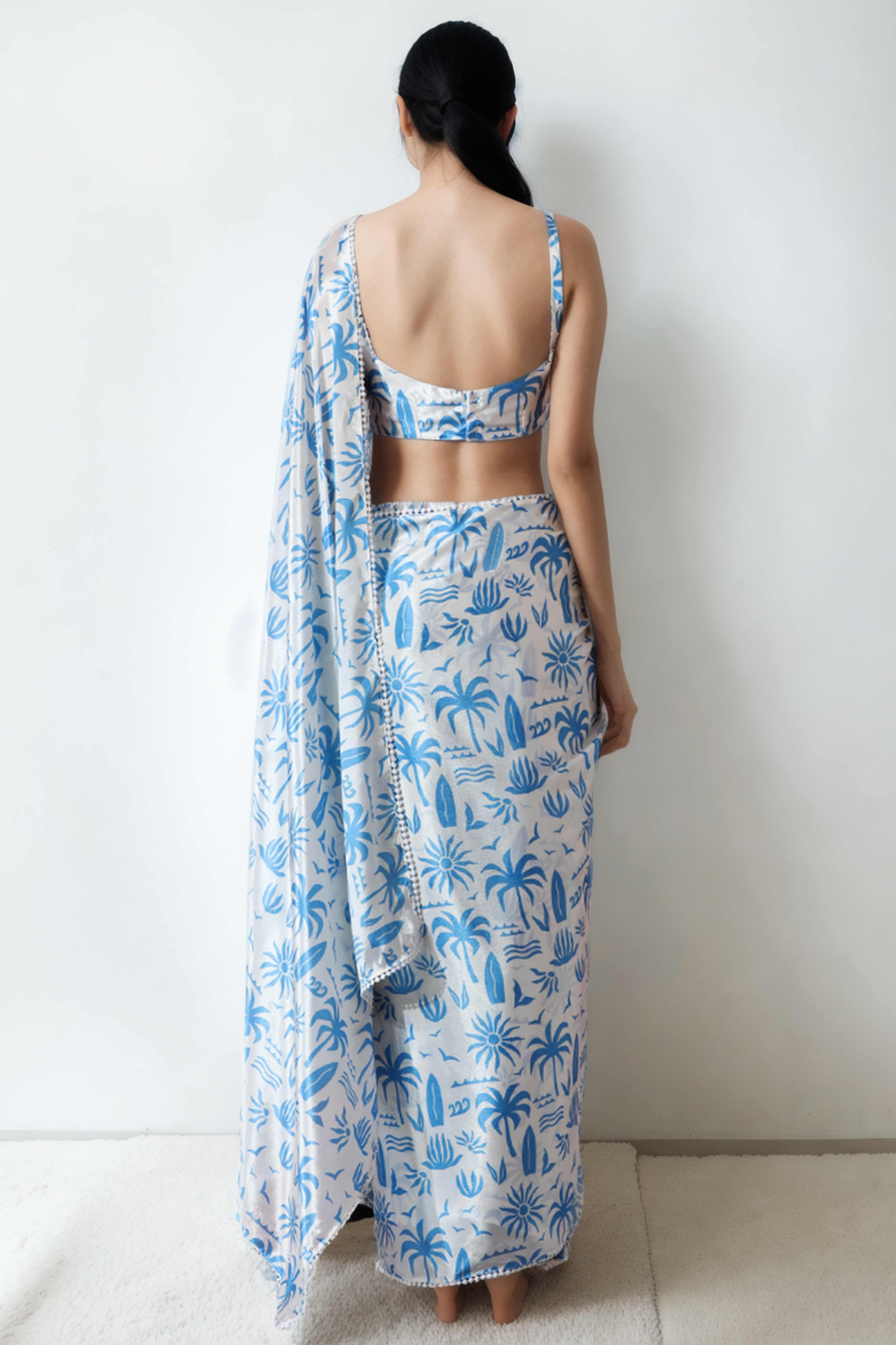 White & Blue Floral Digital Printed With Lace Border Pallu Chinon Ready To Wear Saree