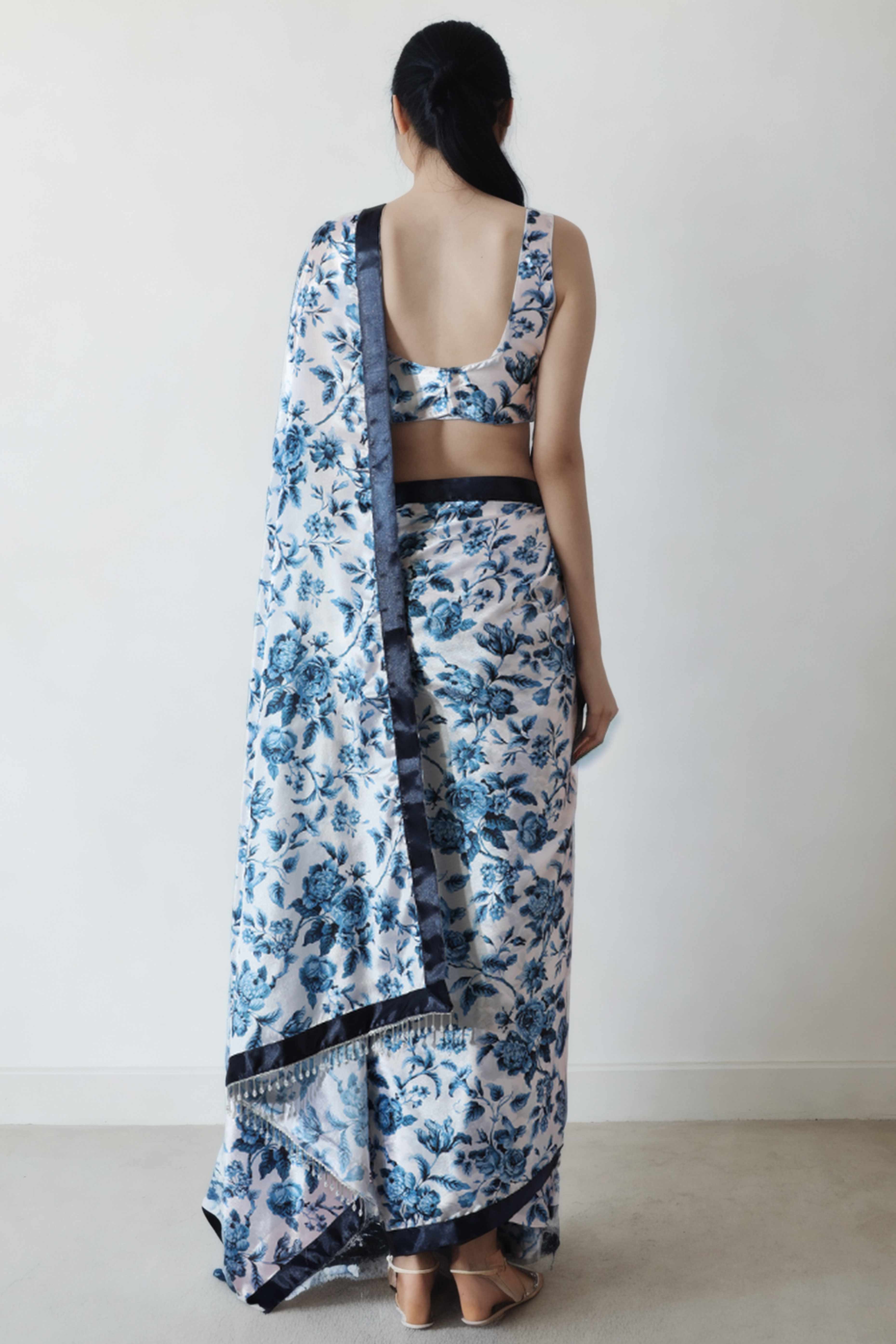 White & Blue Floral Digital Printed With Lace Border Pallu Chinon Ready To Wear Saree