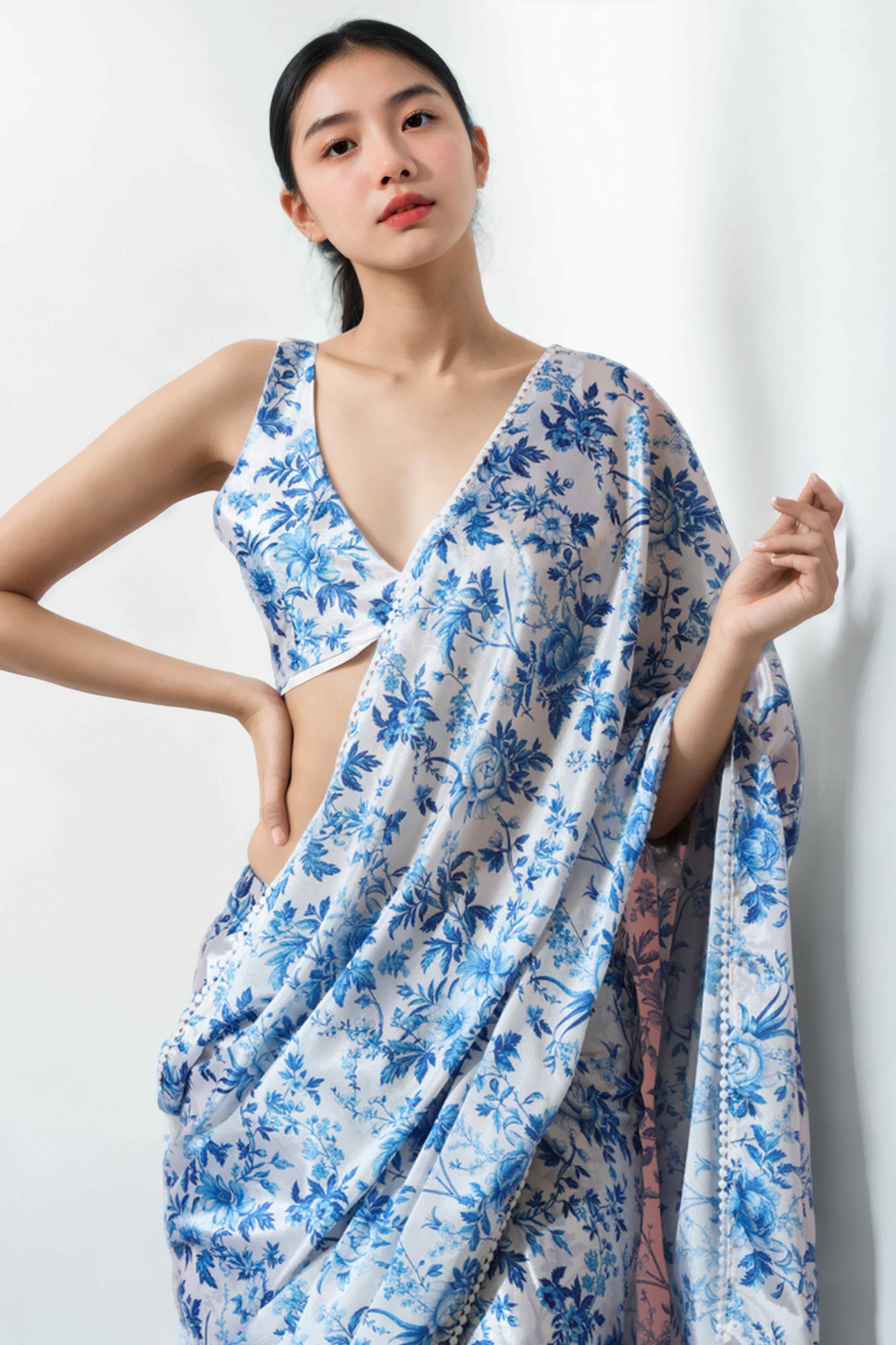 White & Blue Floral Digital Printed With Lace Border Pallu Chinon Ready To Wear Saree