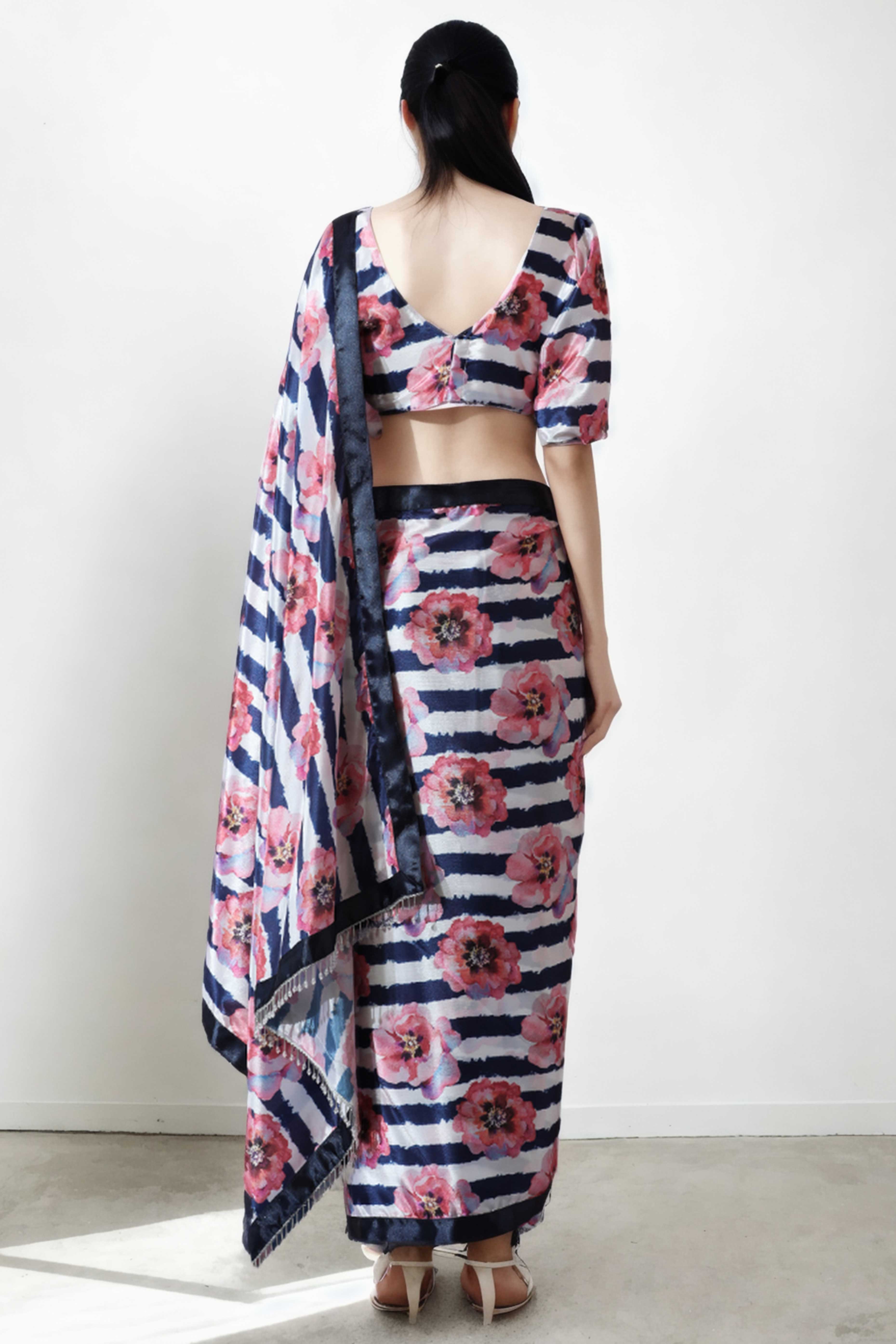 Multicolor Floral Digital Printed With Lace Border Pallu Chinon Ready To Wear Saree