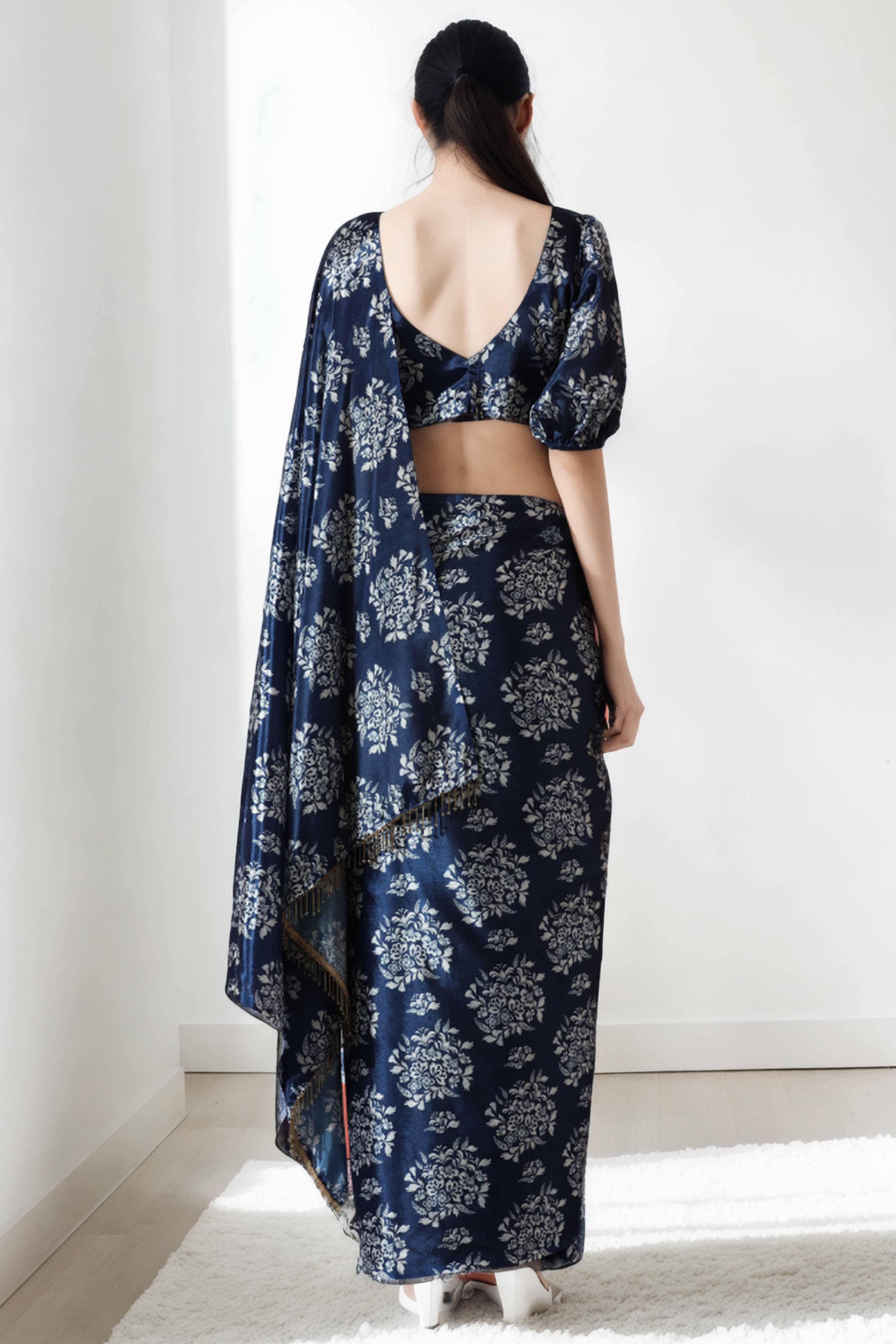 Navy Blue Floral Digital Printed With Lace Border Pallu Chinon Ready To Wear Saree