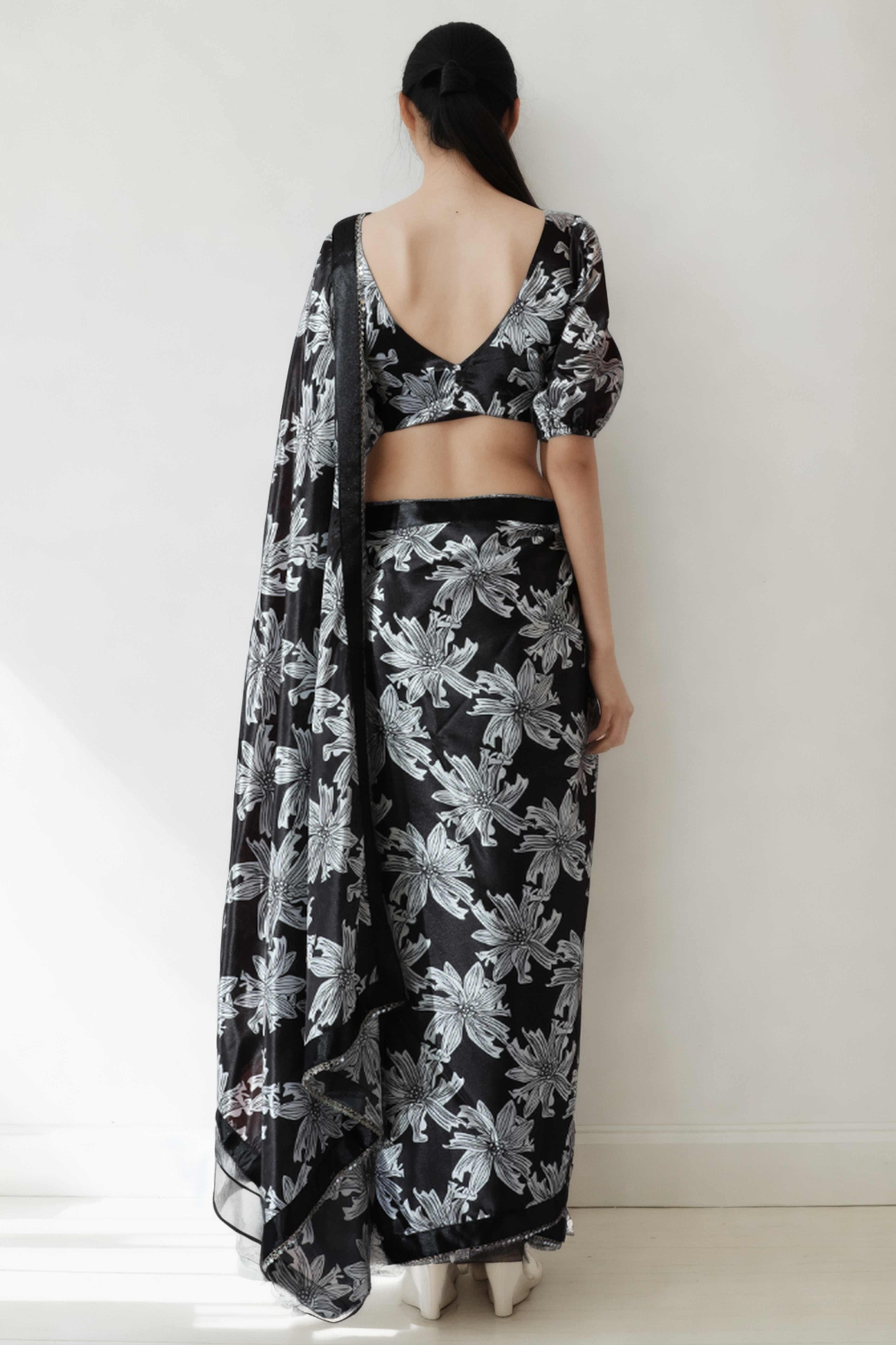 Black Floral Digital Printed With Lace Border Pallu Chinon Ready To Wear Saree