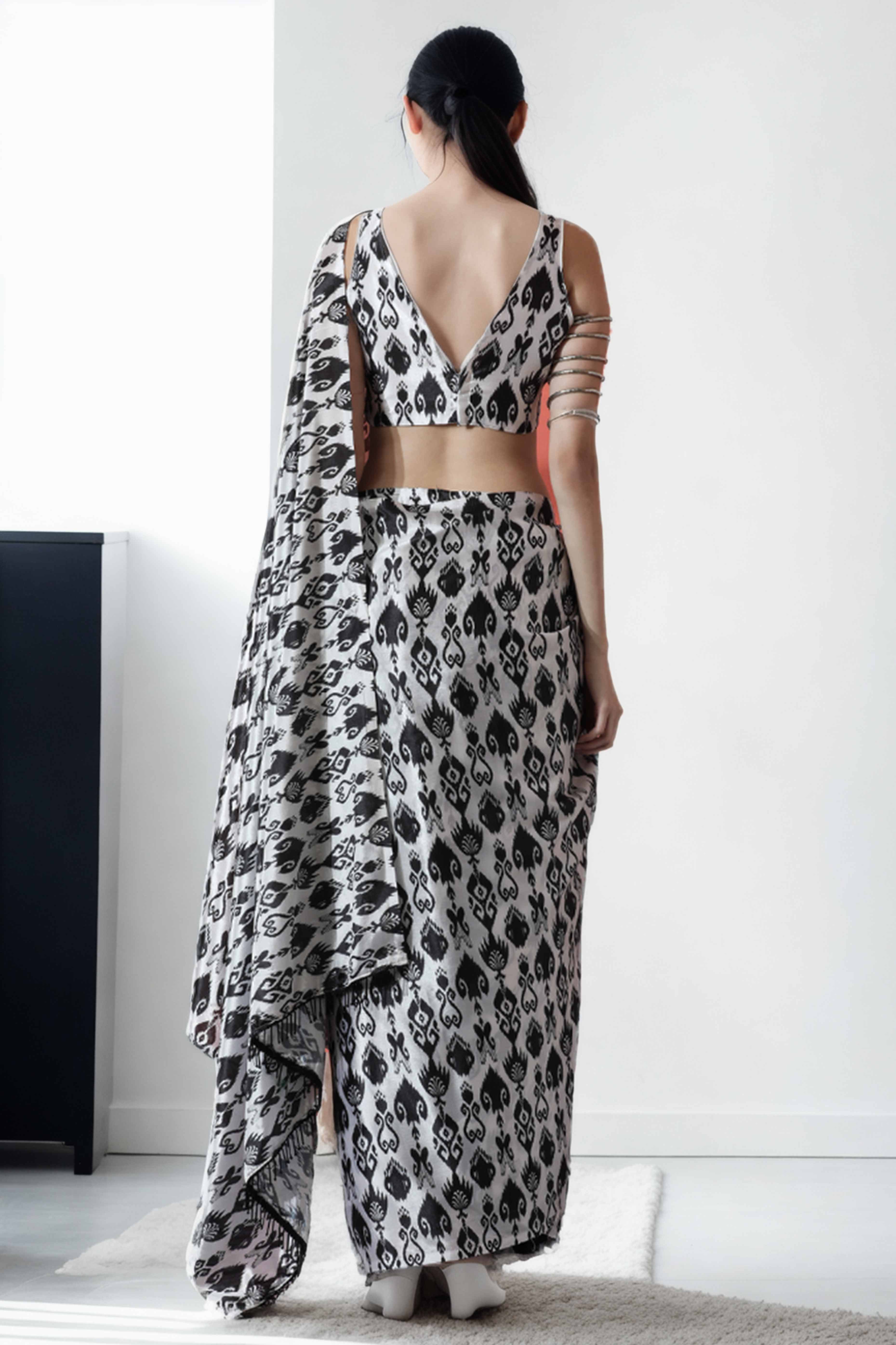 White & Black Digital Printed With Lace Border Pallu Chinon Ready To Wear Saree