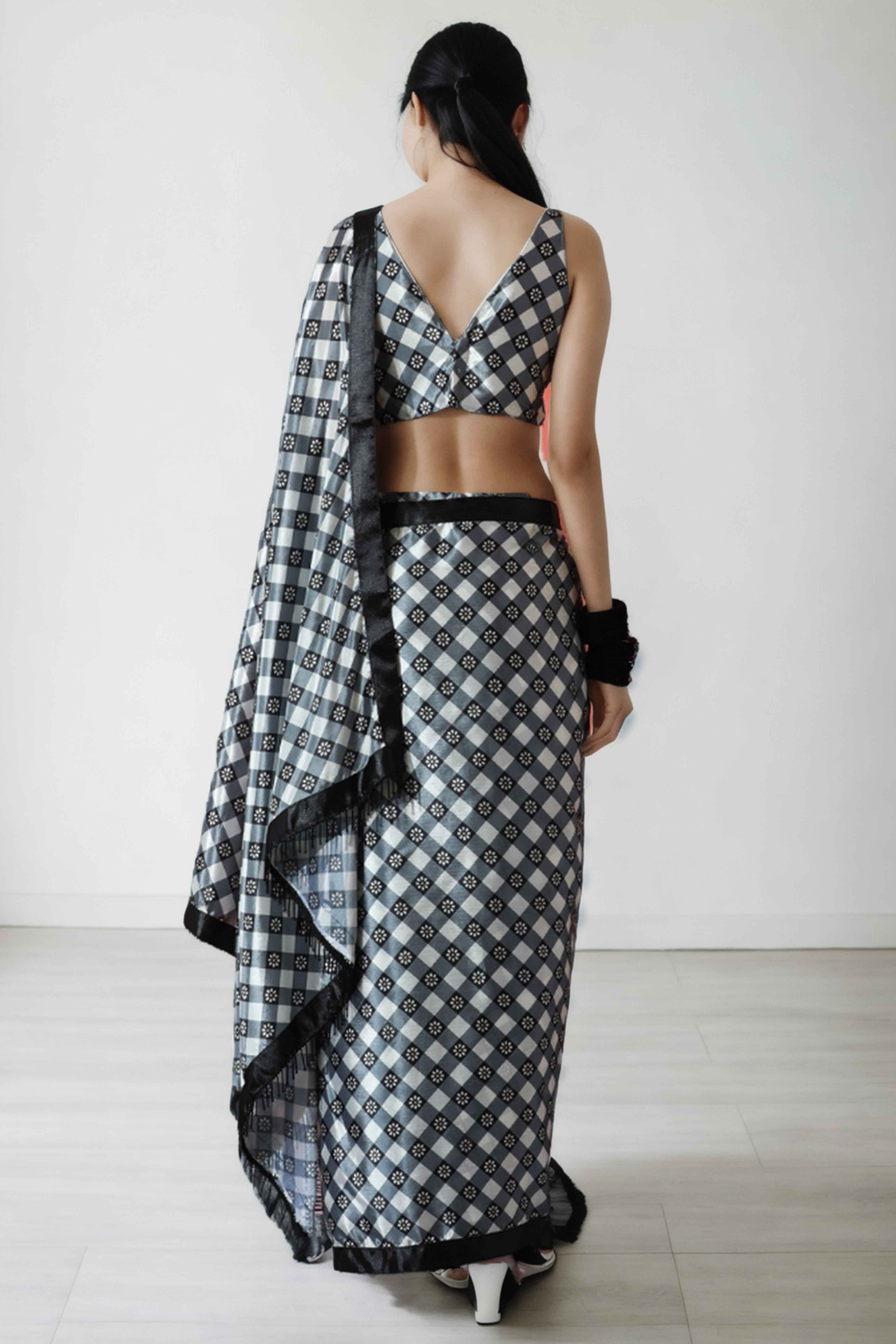 Grey & Black Floral Digital Printed With Lace Border Pallu Chinon Ready To Wear Saree