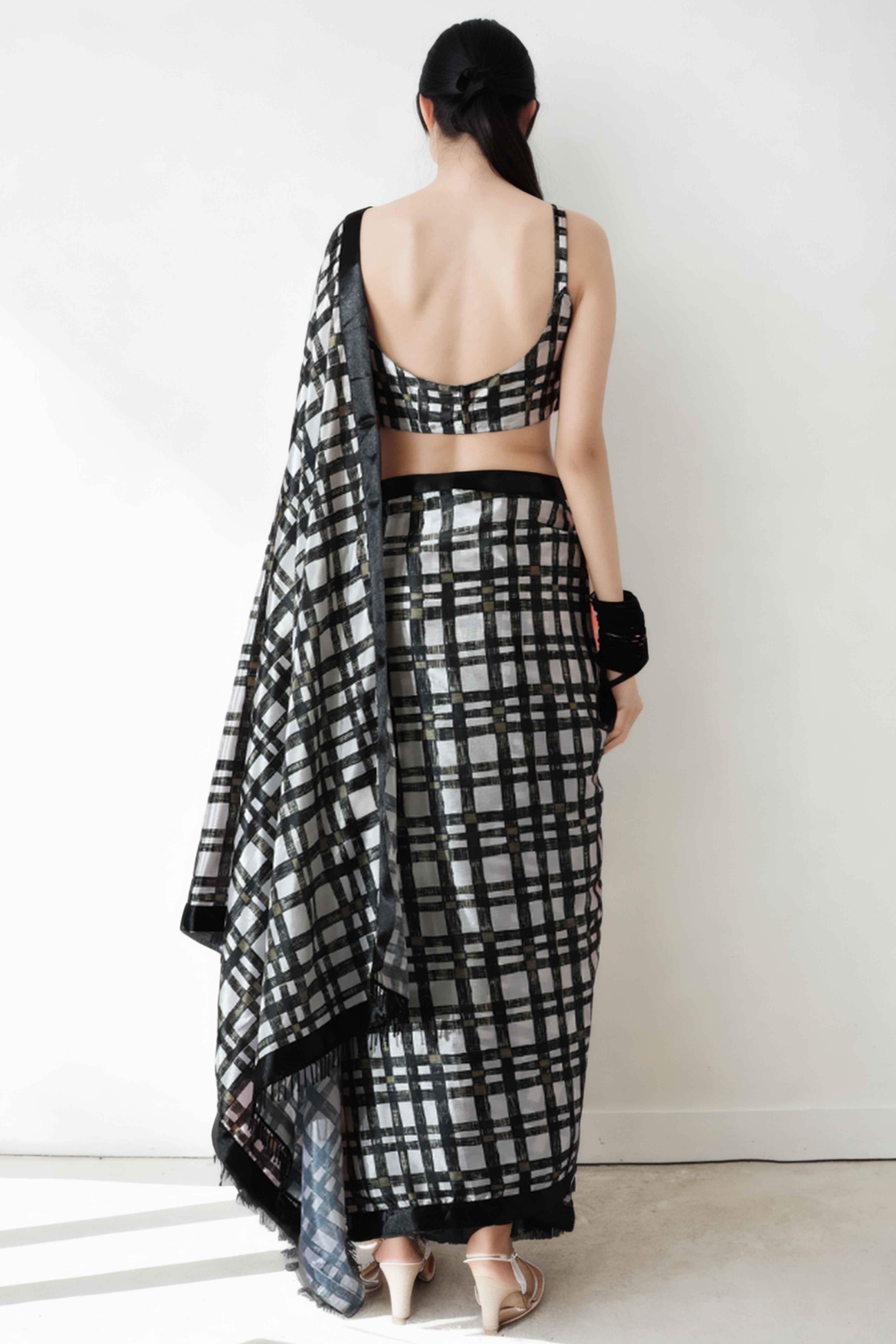 Black & White Checked Digital Printed With Lace Border Pallu Chinon Ready To Wear Saree