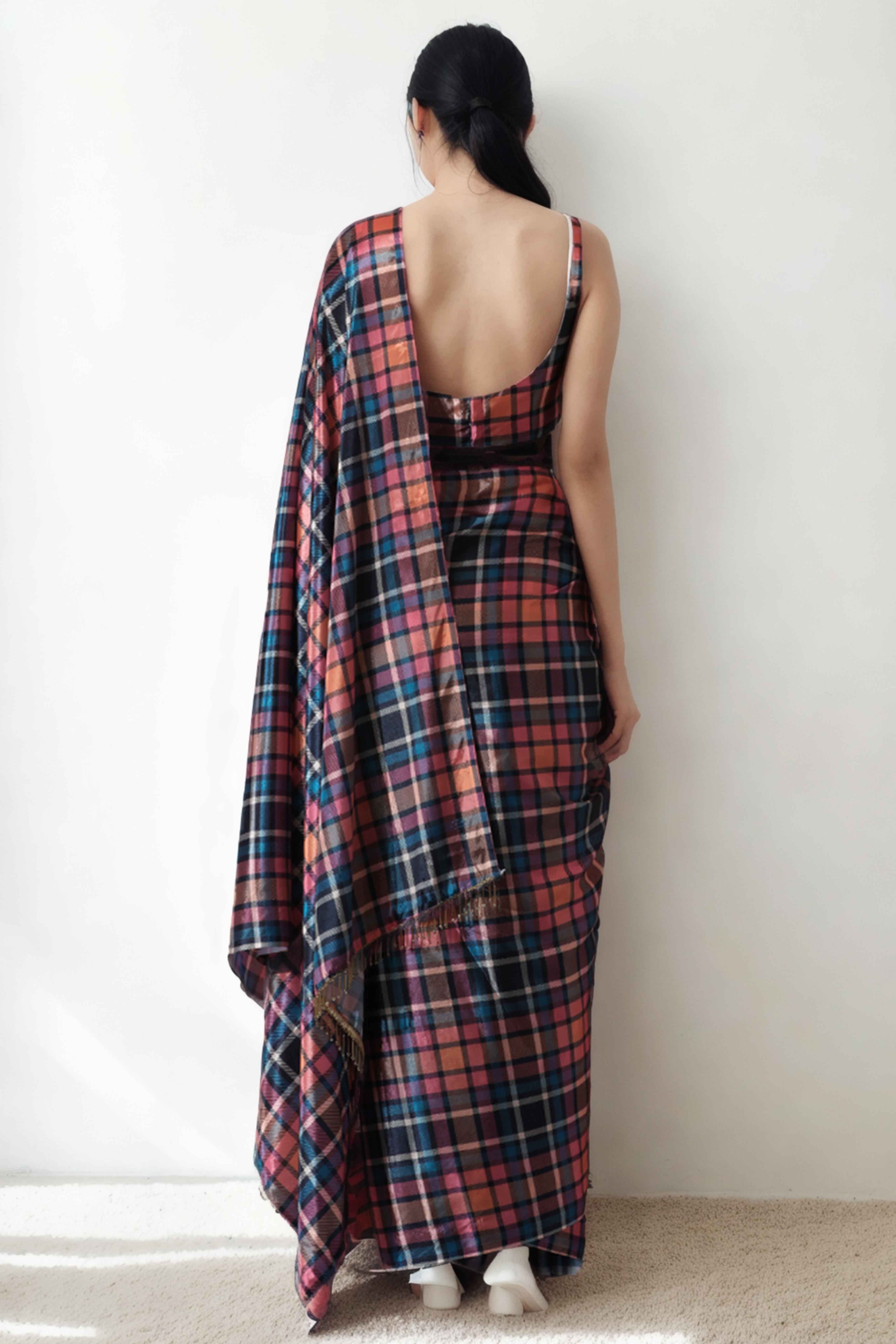 Multicolor Checked Digital Printed With Lace Border Pallu Chinon Ready To Wear Saree