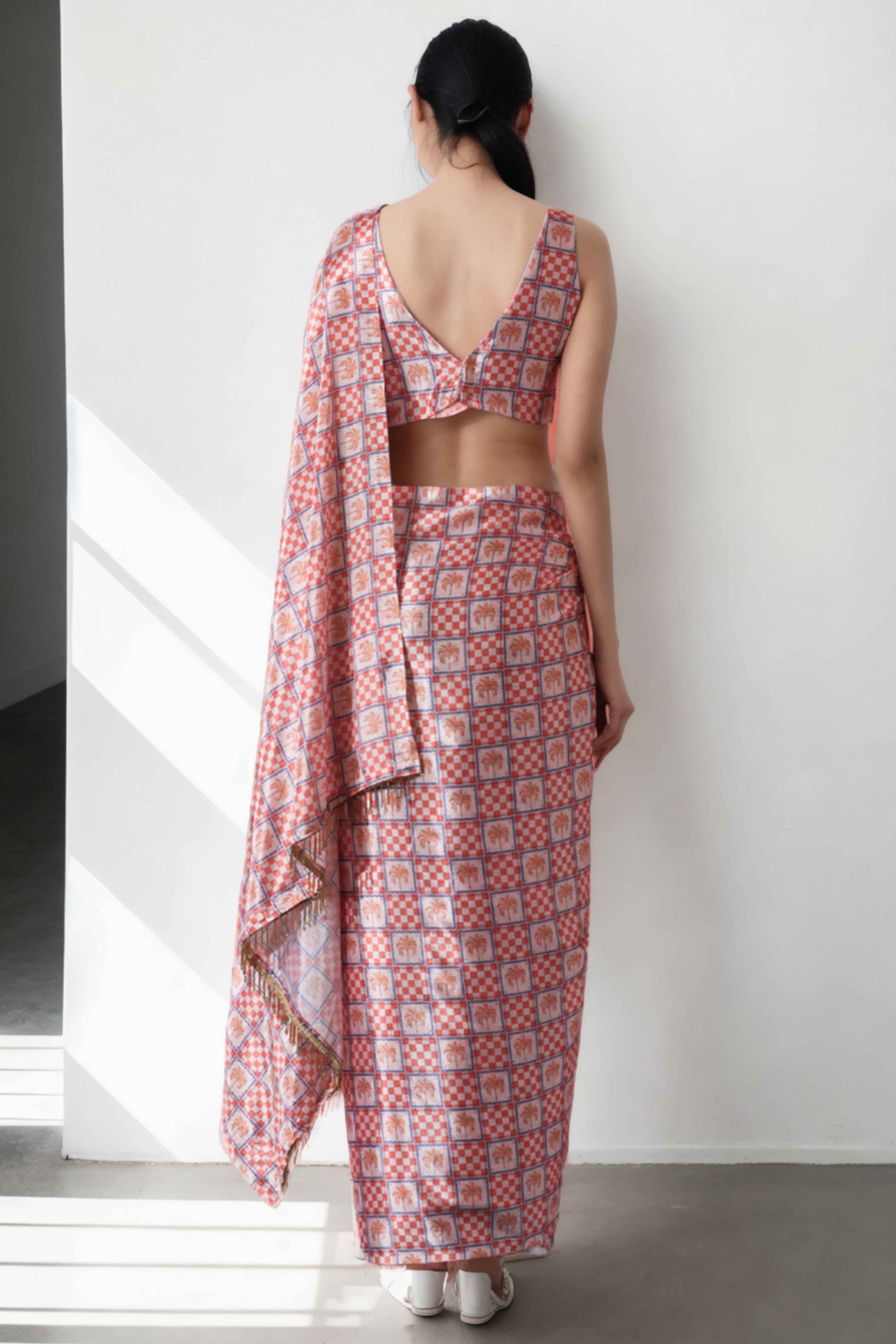 Peach Digital Printed With Lace Border Pallu Chinon Ready To Wear Saree