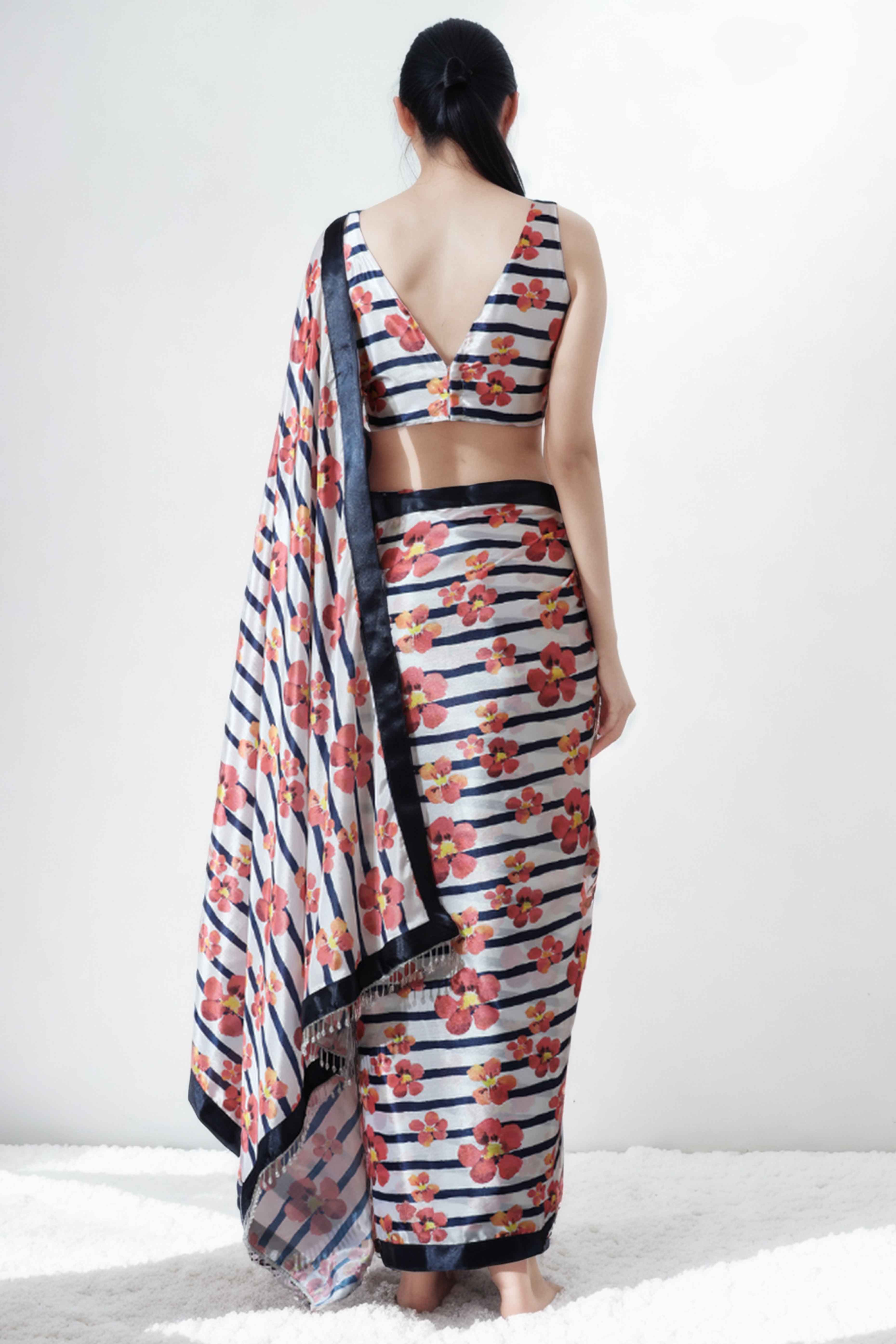 White & Blue Floral Digital Printed With Lace Border Pallu Chinon Ready To Wear Saree