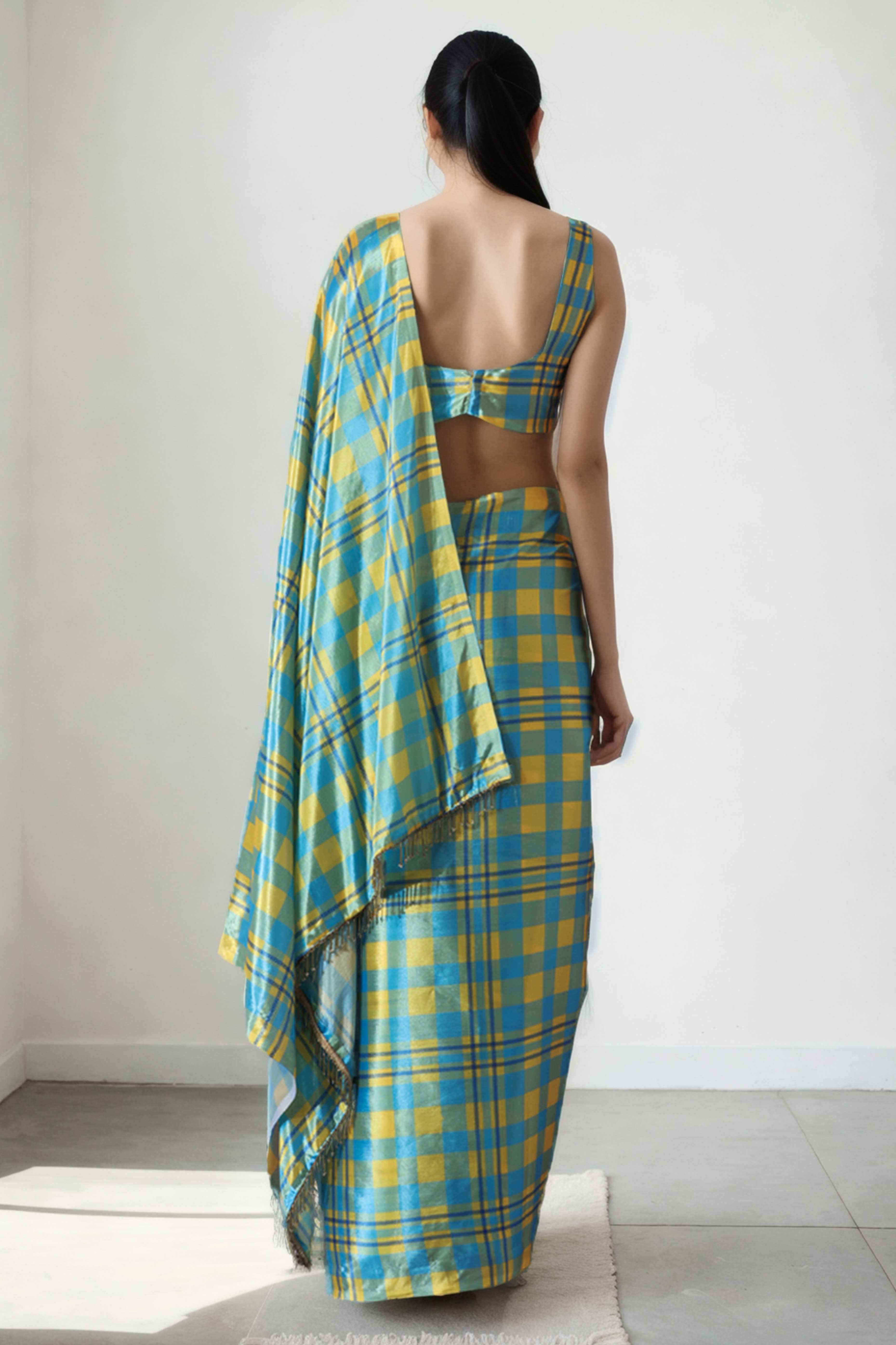 Blue Checks Digital Printed With Delicate Lace Border Pallu Chinon Ready To Wear Saree