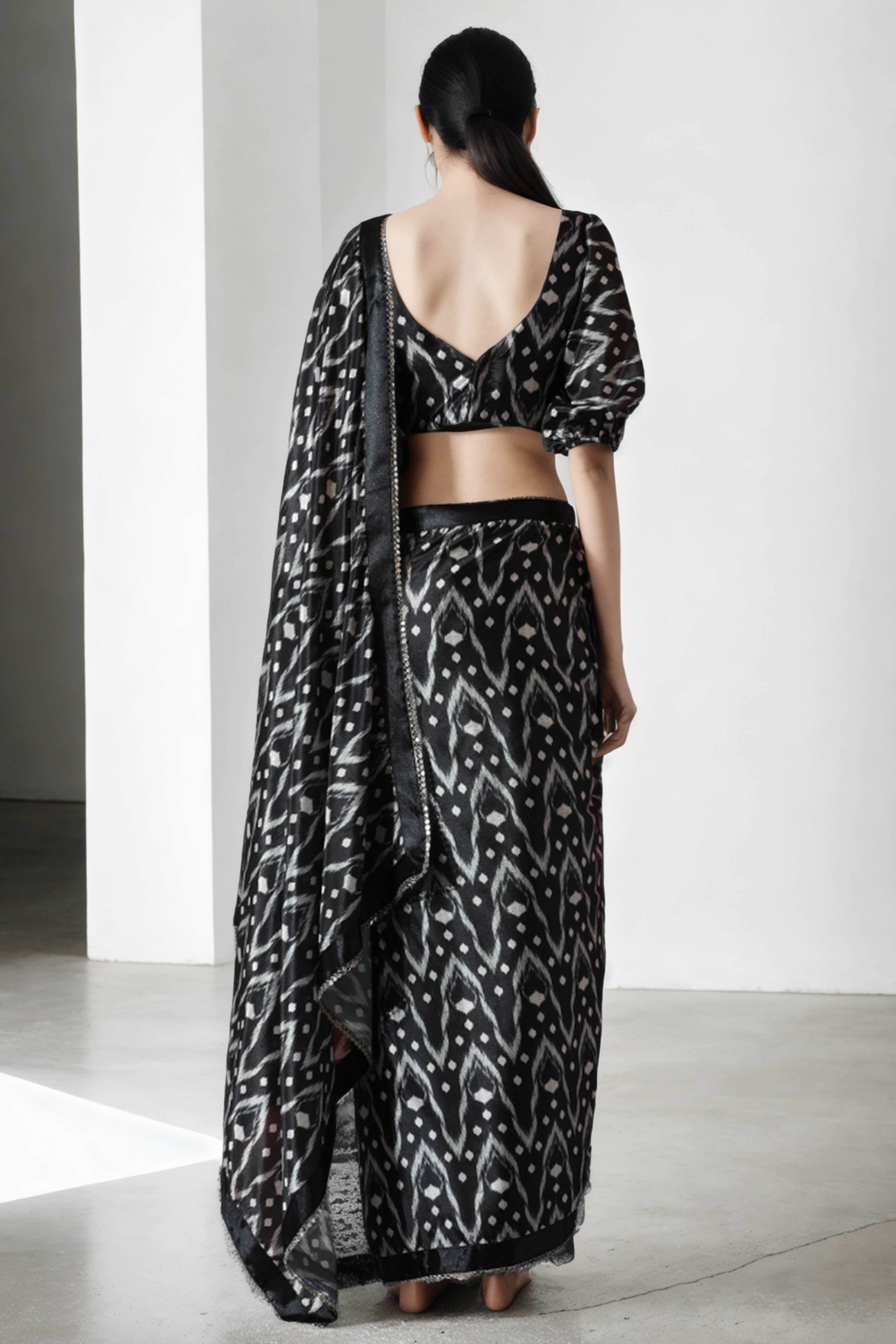 Black Digital Printed With Intricate Lace Border Pallu Chinon Ready To Wear Saree