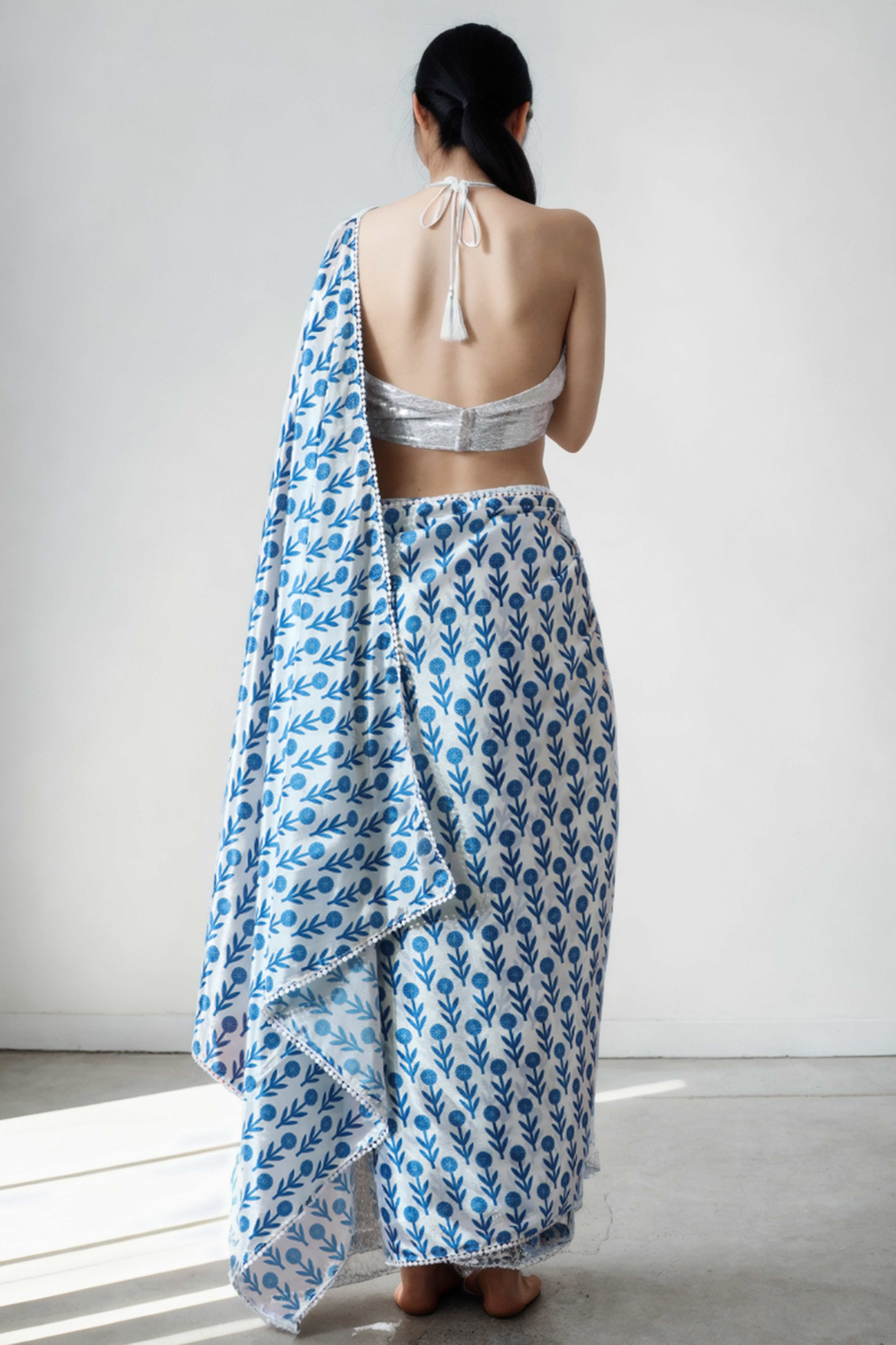 White & Blue Floral Digital Printed With Intricate Lace Border Pallu Chinon Ready To Wear Saree